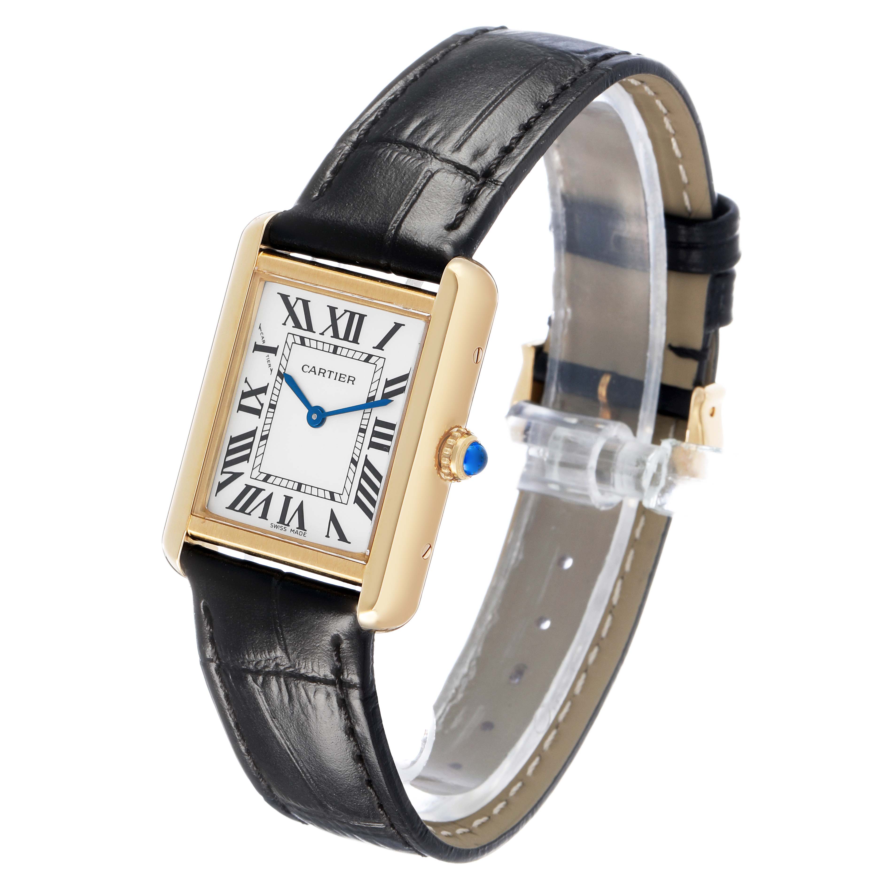 The Cartier Tank Solo W1018755 Women's Steel and Gold (two tone) Silver Dial watch is shown at an angled view, highlighting the face, Roman numerals, leather strap, and crown.