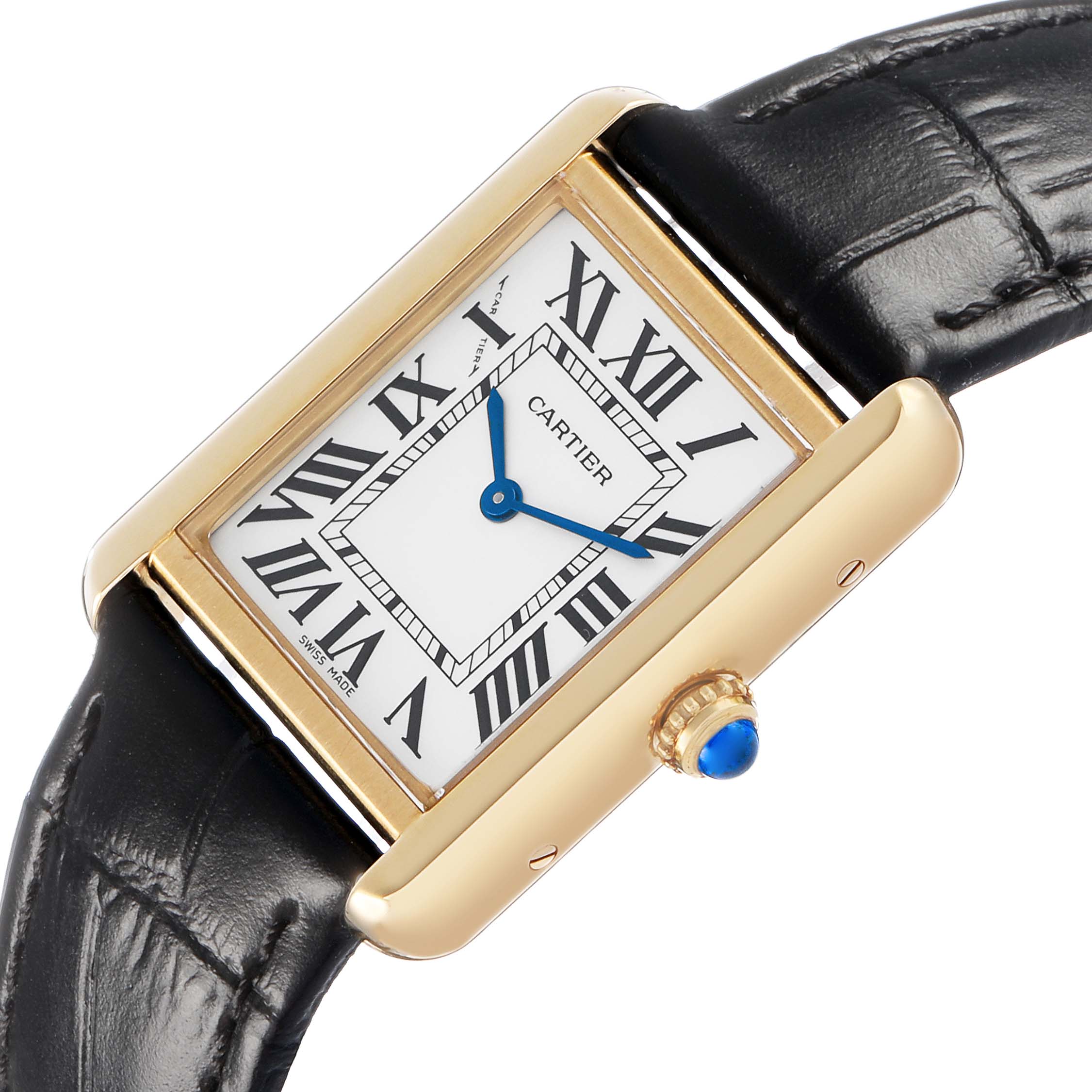 The Cartier Tank Solo W1018755 Women's Steel and Gold (two tone) Silver Dial watch is shown at an angle highlighting its rectangular case, Roman numeral dial, and crown with a blue cabochon.