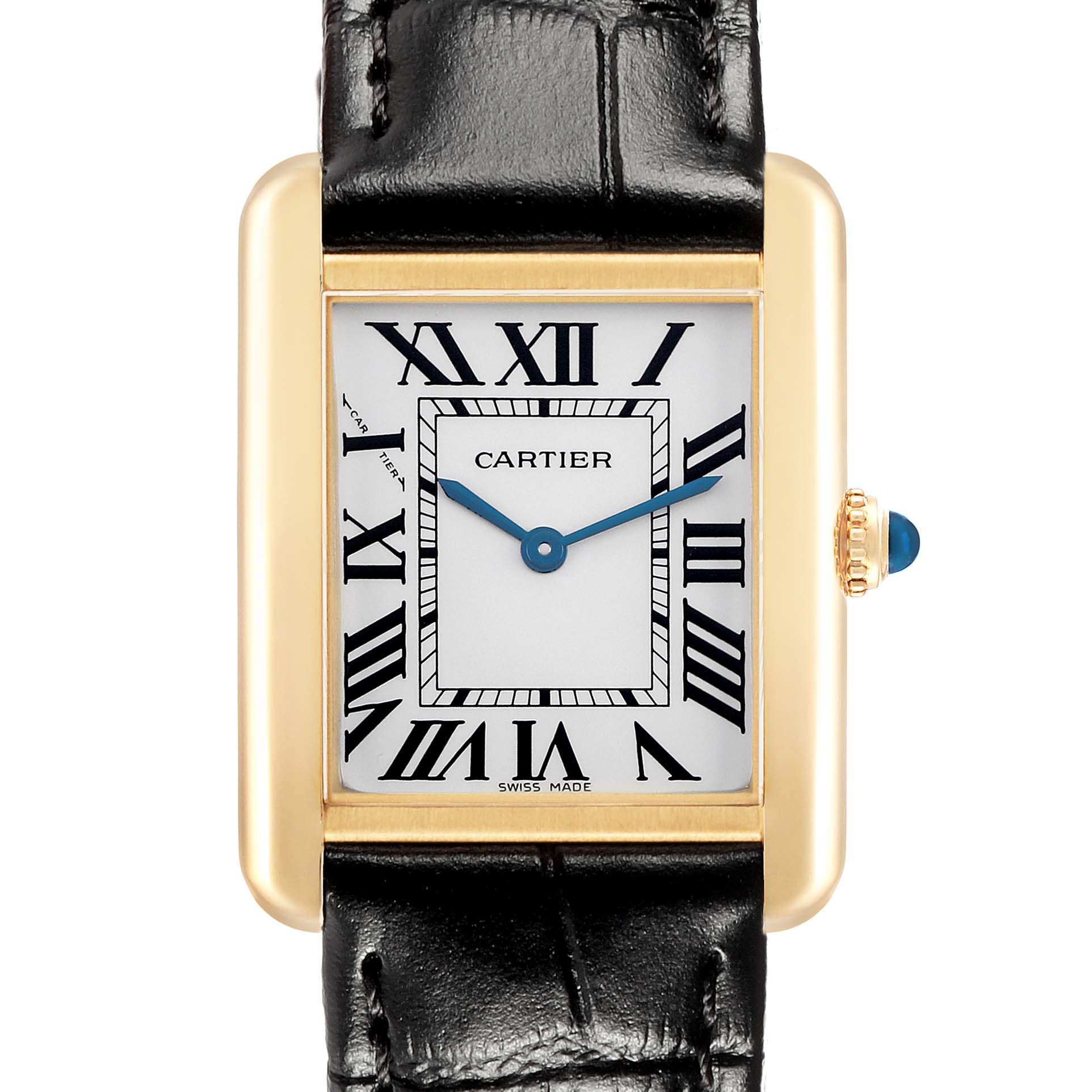 The Cartier Tank Solo W1018755 Women's Steel and Gold (two tone) Silver Dial watch is shown from the front, highlighting the face, black Roman numerals, and the leather strap.