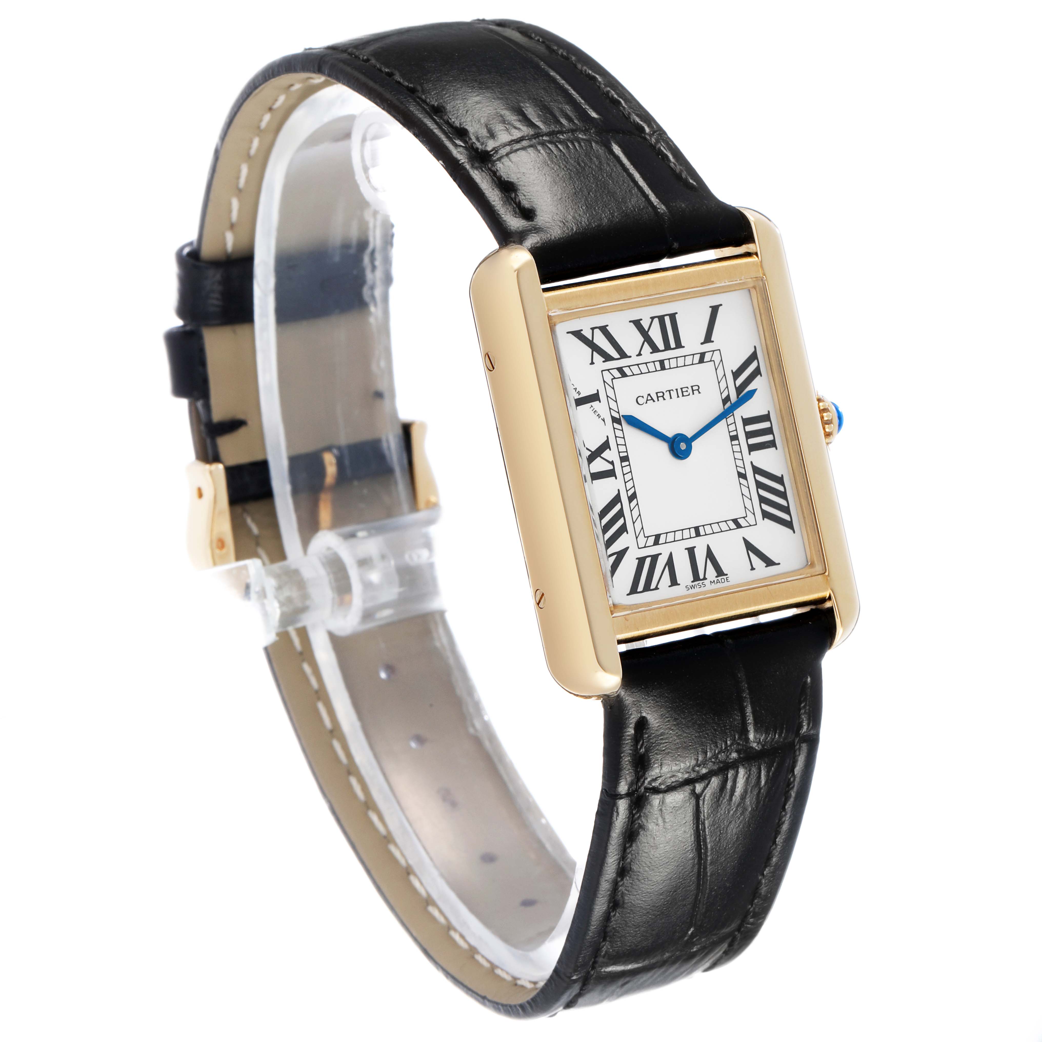 The Cartier Tank Solo W1018755 Women's Steel and Gold (two tone) Silver Dial watch is shown at an angled view, highlighting the face, leather strap, and gold-tone case.
