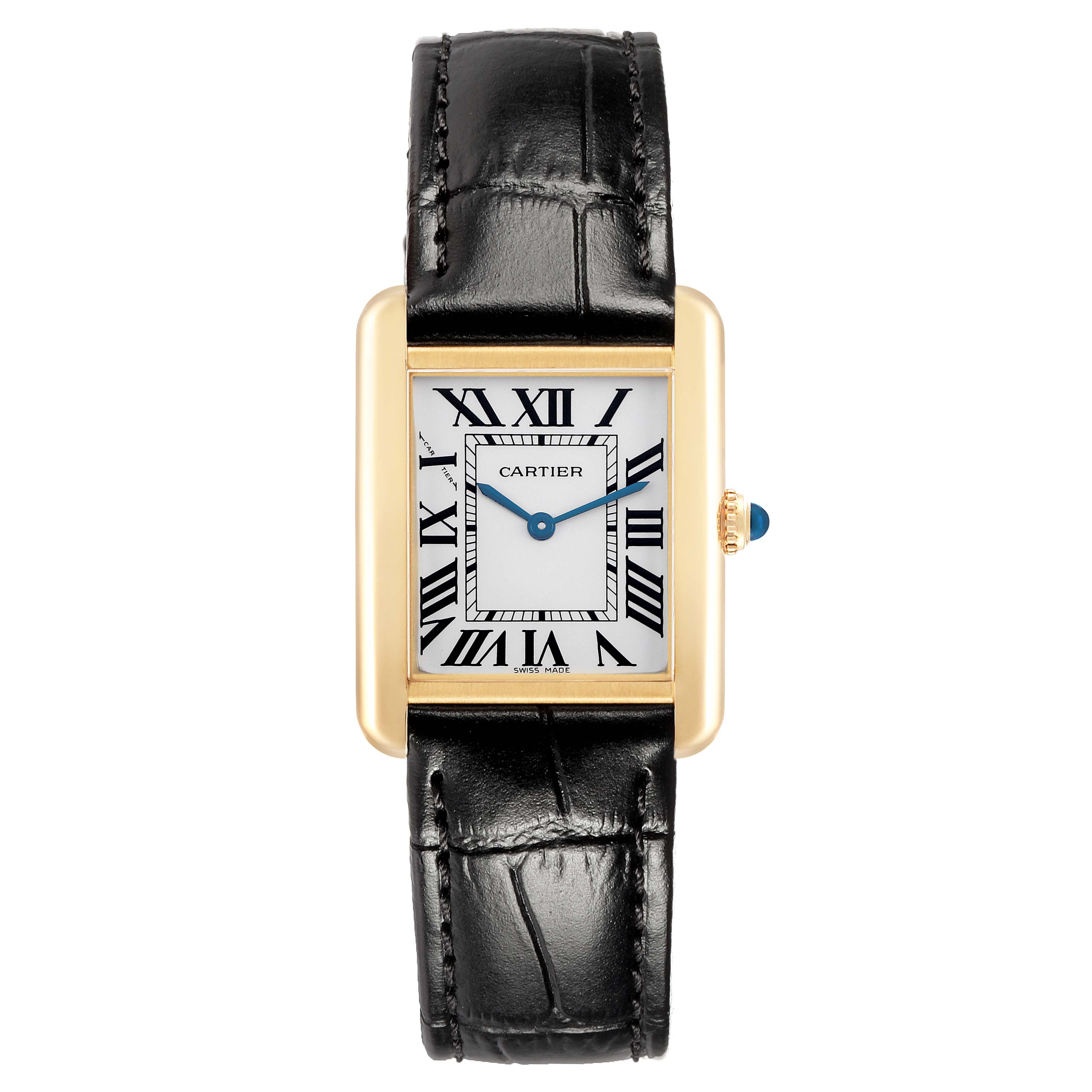 The Cartier Tank Solo W1018755 Women's Steel and Gold (two tone) Silver Dial watch is shown from a top-down angle, featuring its rectangular face, gold case, and black leather strap.
