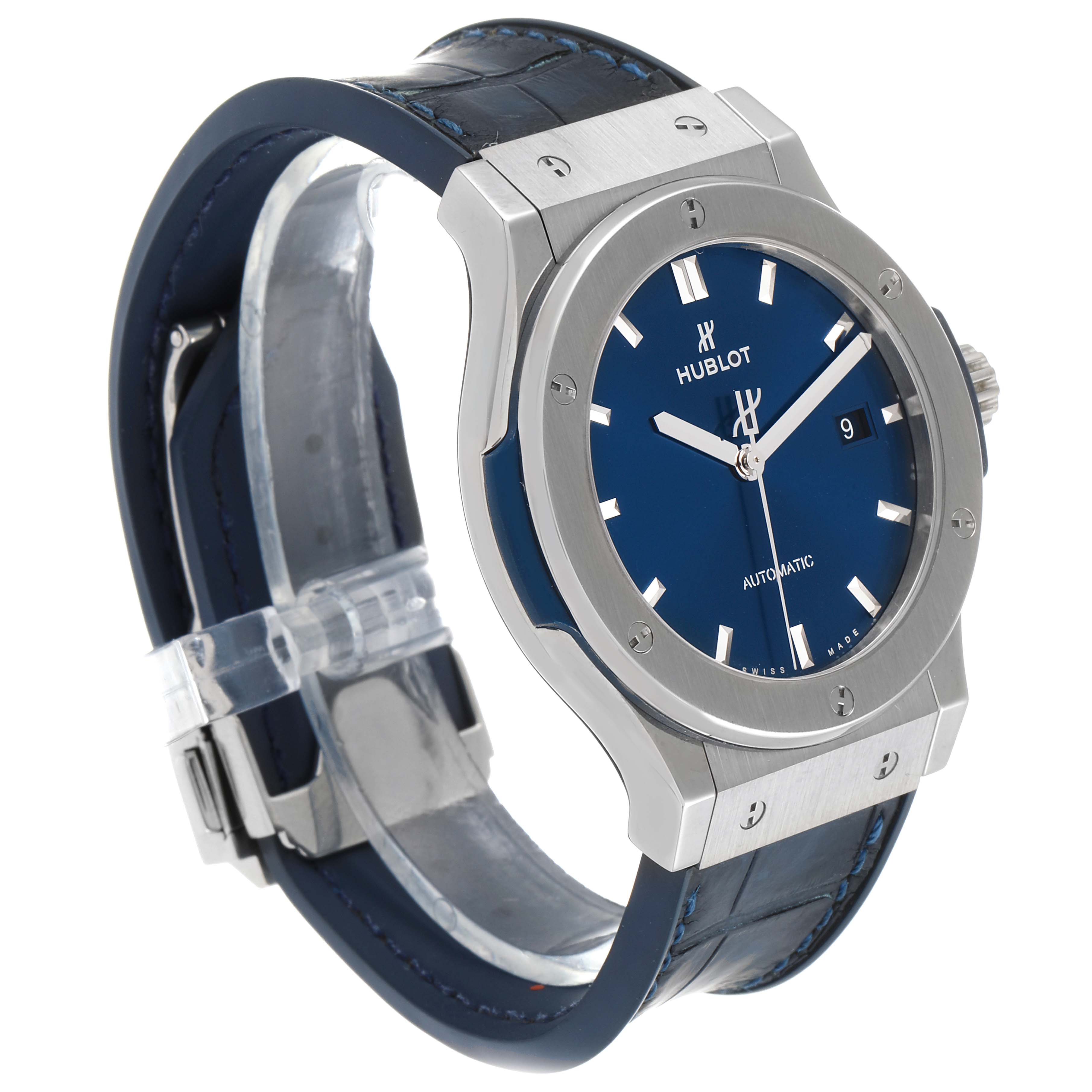 The Hublot Classic Fusion 542.NX.7170.LR Men's Titanium Blue Dial 542.NX.7170.LR Men's Titanium Blue Dial watch is shown at a front-side angle, displaying its dial, bezel, case, and strap.