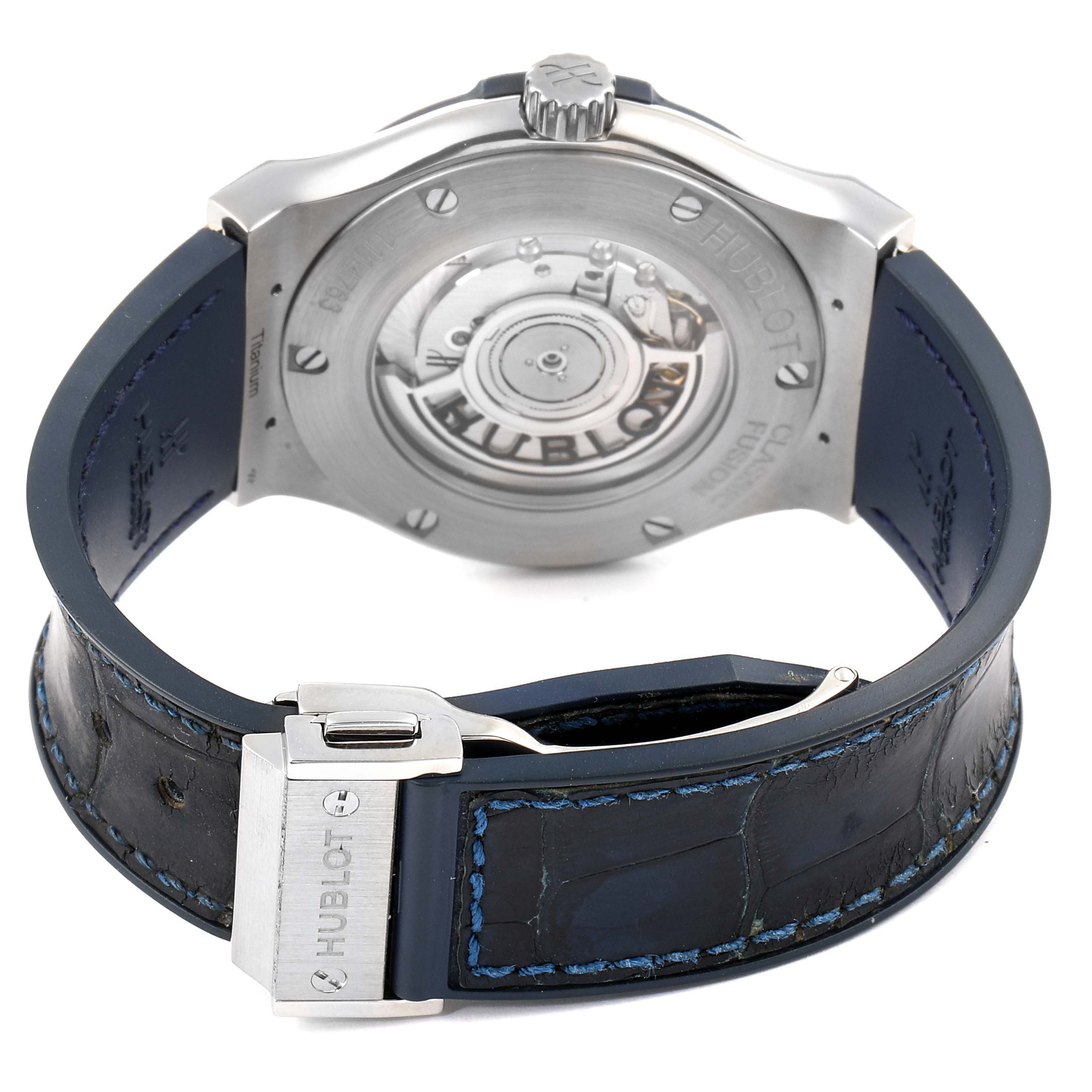 The image shows the back view of the Hublot Classic Fusion 542.NX.7170.LR Men's Titanium Blue Dial 542.NX.7170.LR Men's Titanium Blue Dial watch, highlighting the leather strap and clasp.