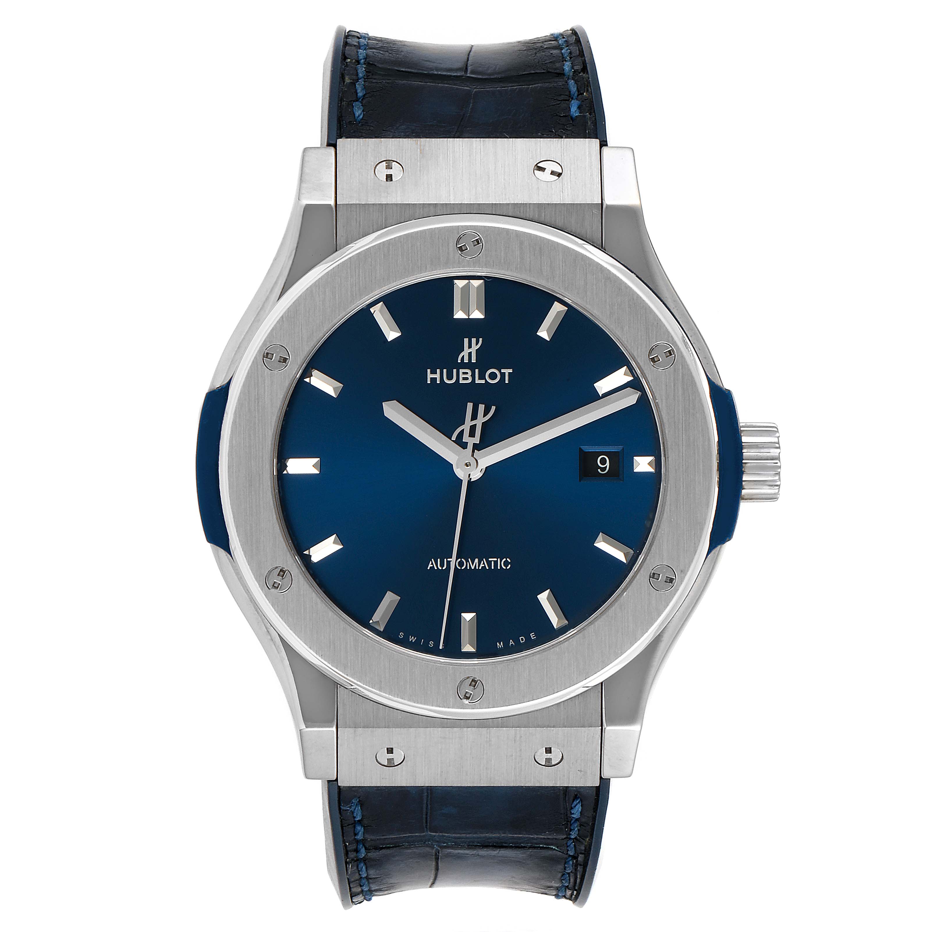 The image shows a front view of the Hublot Classic Fusion 542.NX.7170.LR Men's Titanium Blue Dial 542.NX.7170.LR Men's Titanium Blue Dial watch, displaying the face, bezel, and leather strap.