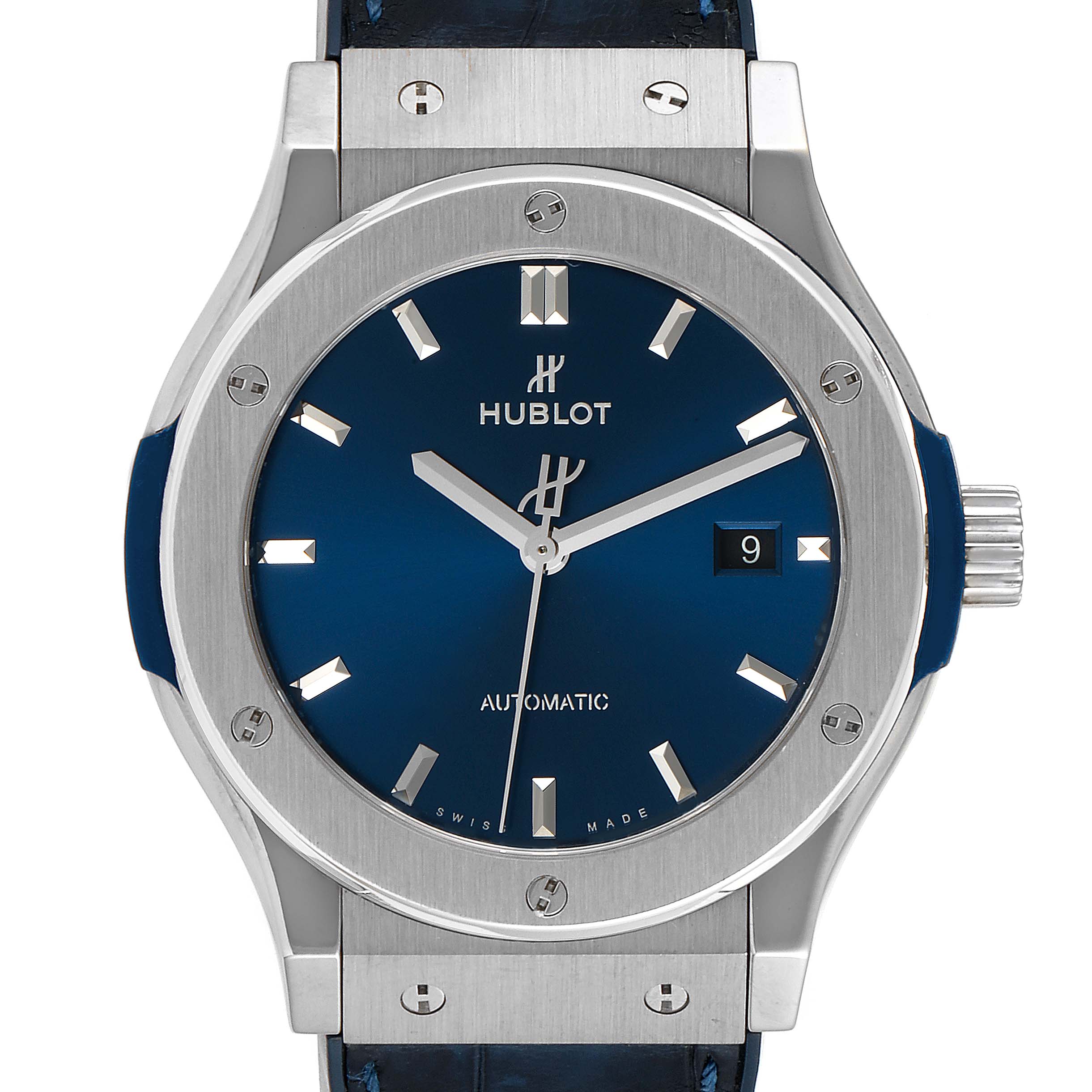 This image shows a frontal view of the Hublot Classic Fusion 542.NX.7170.LR Men's Titanium Blue Dial 542.NX.7170.LR Men's Titanium Blue Dial watch, highlighting its blue dial, hour markers, and date display.