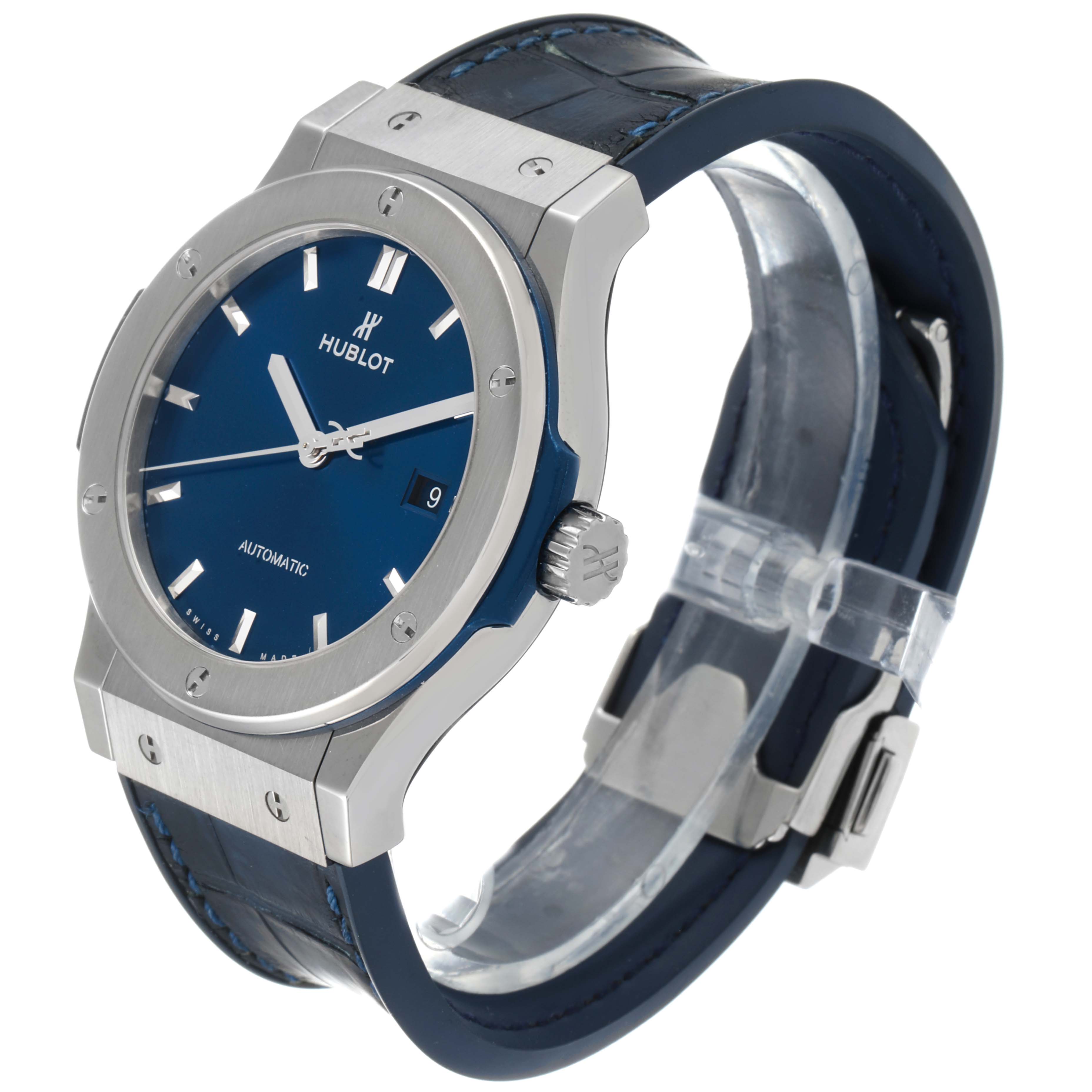 The image shows a side angle of a Hublot Classic Fusion 542.NX.7170.LR Men's Titanium Blue Dial 542.NX.7170.LR Men's Titanium Blue Dial watch, highlighting the dial, bezel, crown, and strap.