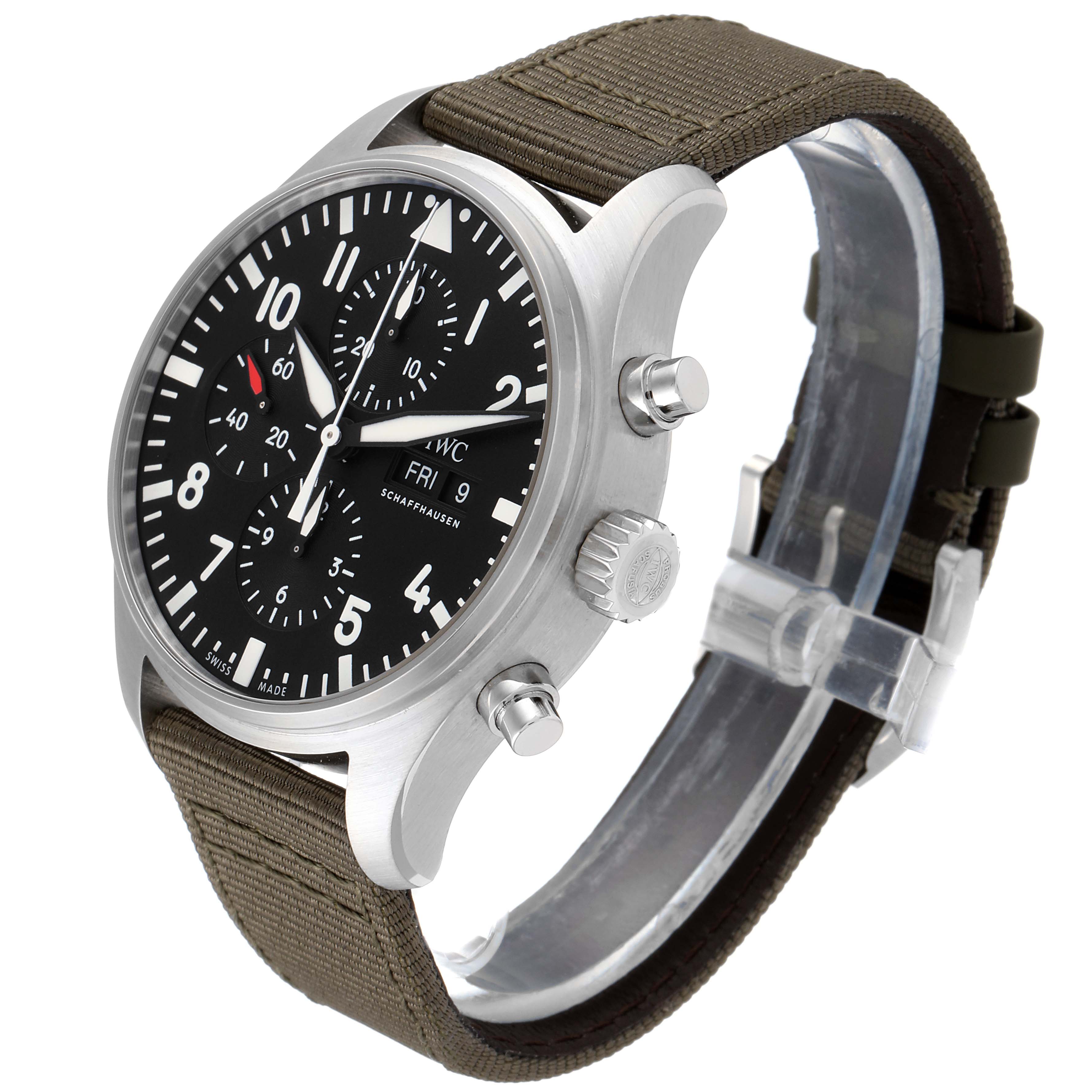 The IWC Pilot IW377709 Men's Stainless Steel Black Dial IW377709 Men's Stainless Steel Black Dial watch is shown at an angle highlighting its black dial, crown, pushers, and olive green strap.