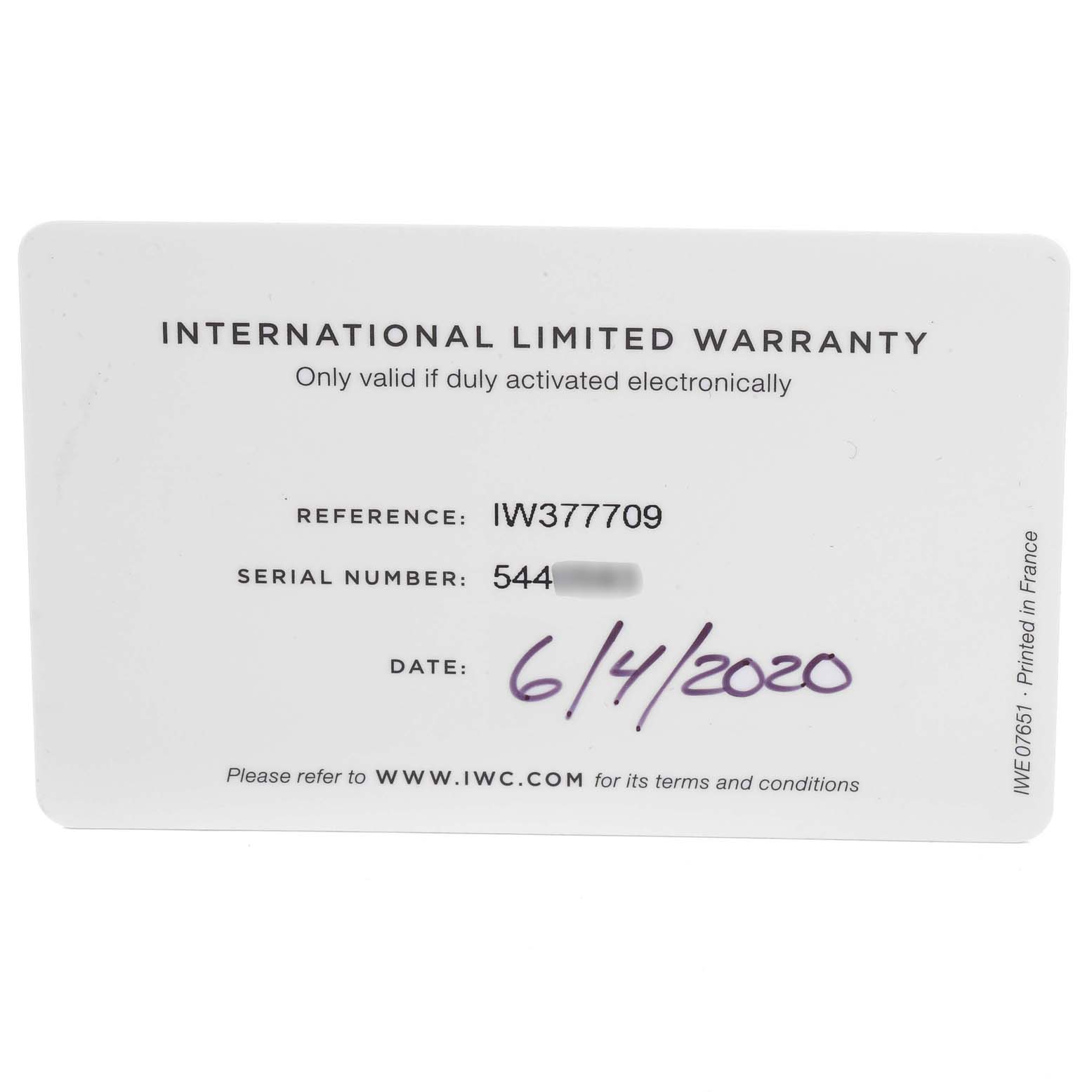 This image shows the front side of the international limited warranty card for the IWC Pilot IW377709 Men's Stainless Steel Black Dial IW377709 Men's Stainless Steel Black Dial model watch.