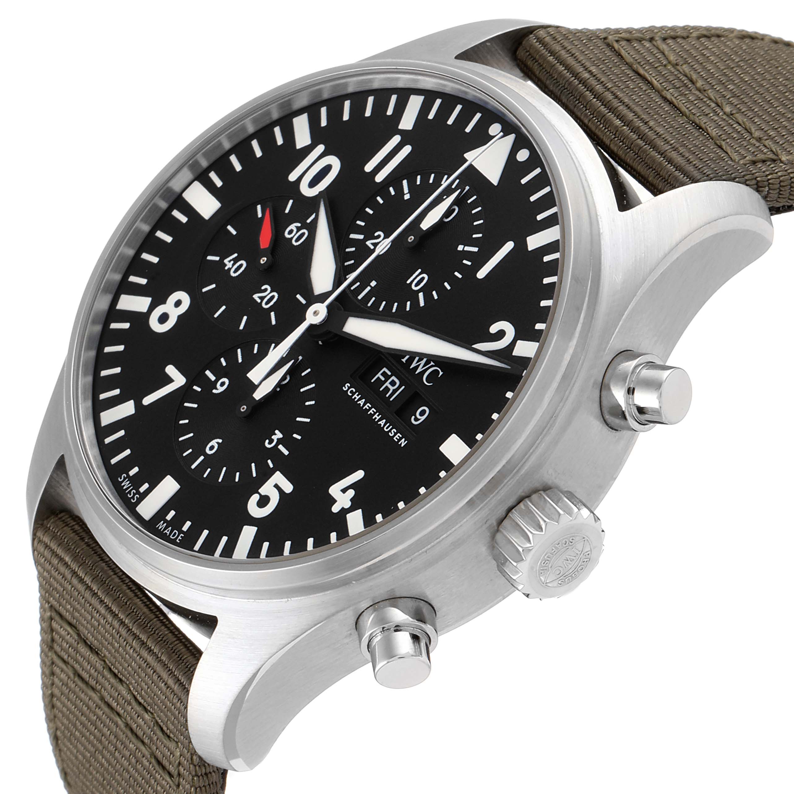 This IWC Pilot IW377709 Men's Stainless Steel Black Dial IW377709 Men's Stainless Steel Black Dial watch is shown at a slight angle, highlighting its black dial, chronograph subdials, and crown with pushers.