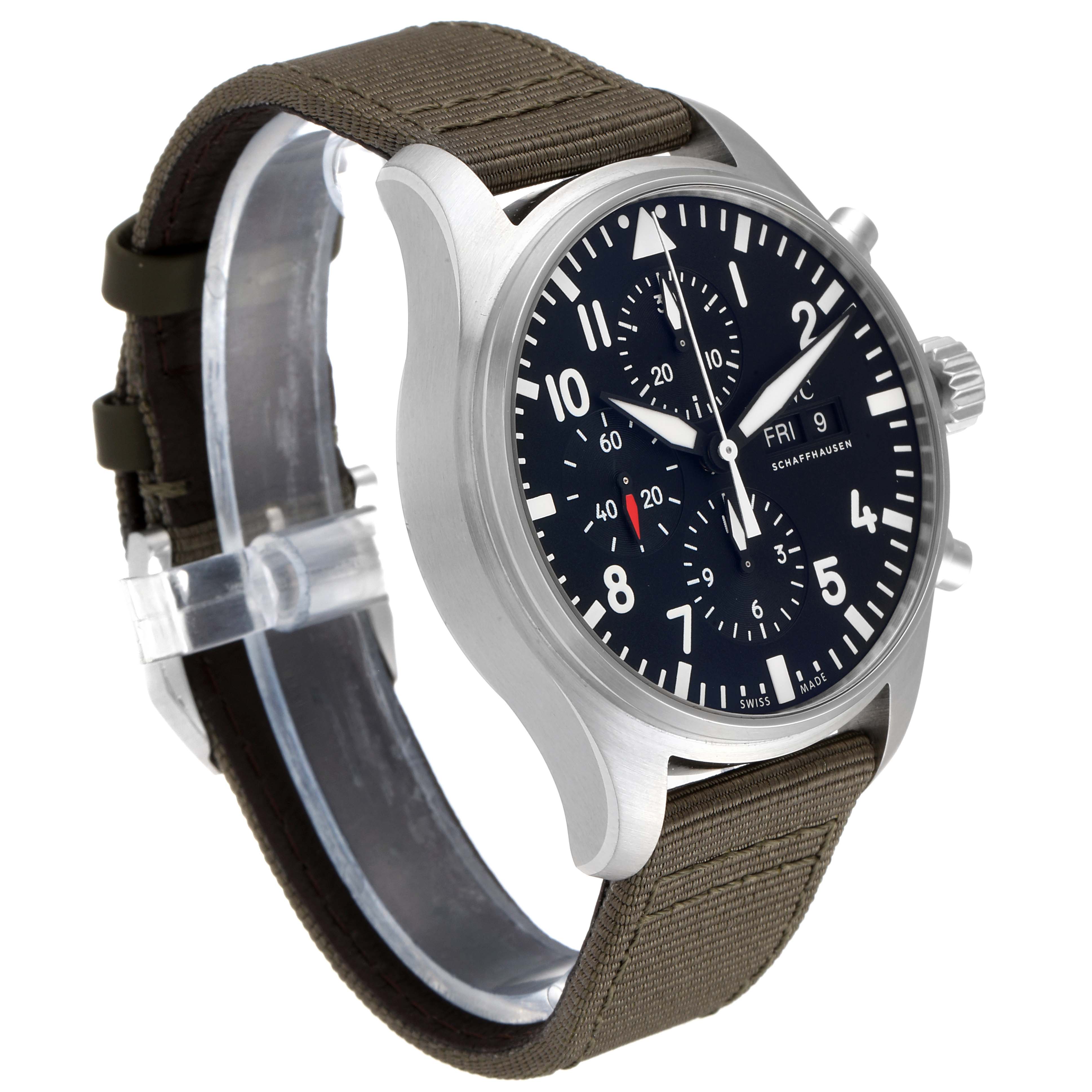 The IWC Pilot IW377709 Men's Stainless Steel Black Dial IW377709 Men's Stainless Steel Black Dial model watch is shown at an angled side view, highlighting its face, crown, pushers, and strap.