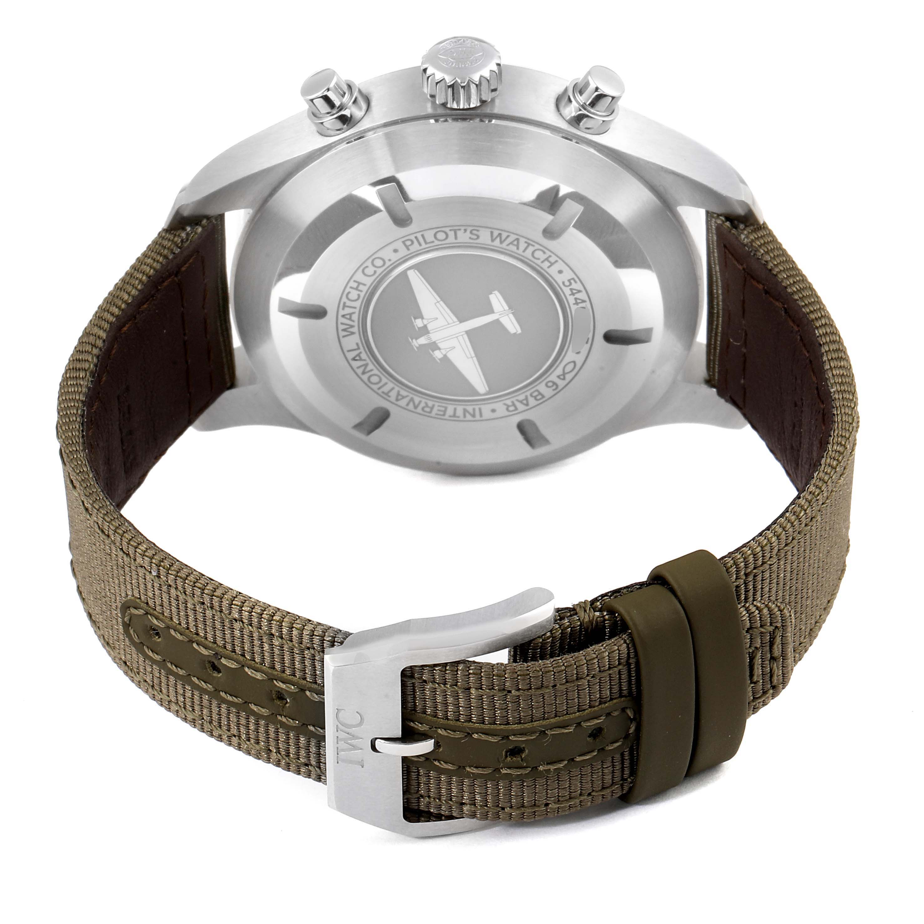 This image shows the back case and strap of an IWC Pilot IW377709 Men's Stainless Steel Black Dial IW377709 Men's Stainless Steel Black Dial model watch, highlighting the engraving and buckle.