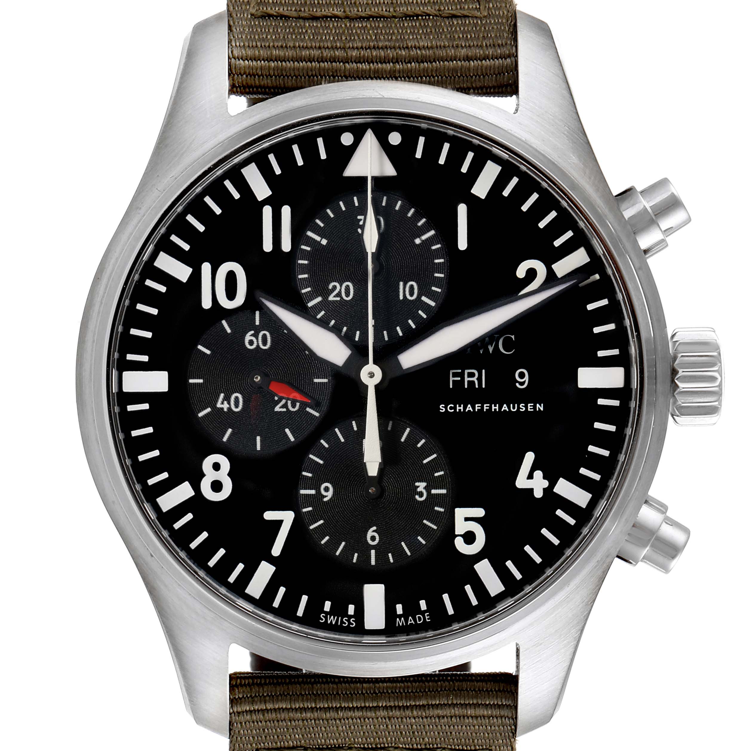 The image shows a frontal view of the IWC Pilot IW377709 Men's Stainless Steel Black Dial IW377709 Men's Stainless Steel Black Dial model watch displaying its dial, chronograph subdials, hands, and crown.