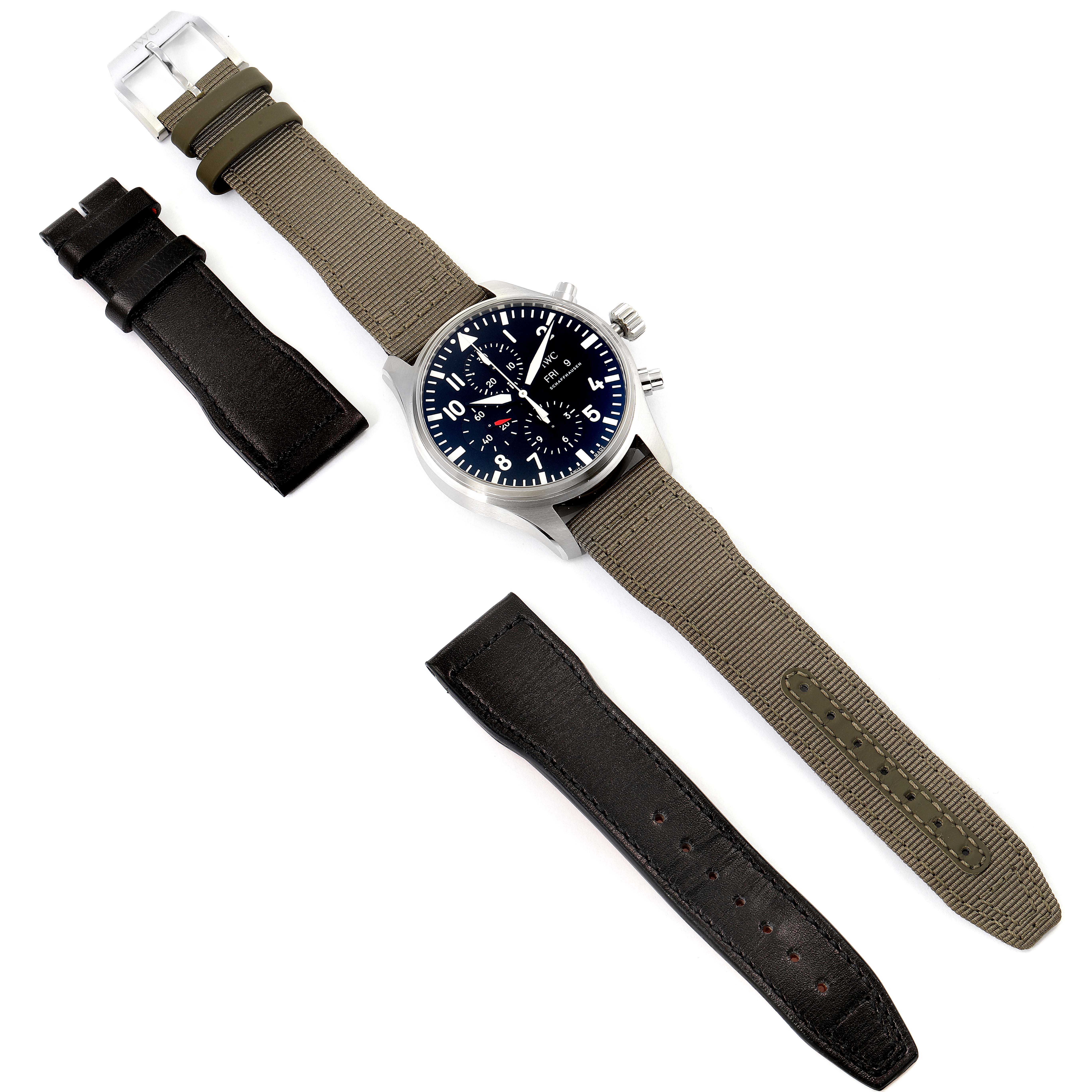 The image shows an IWC Pilot IW377709 Men's Stainless Steel Black Dial IW377709 Men's Stainless Steel Black Dial model watch from the front, with a green strap attached and additional black leather straps beside it.