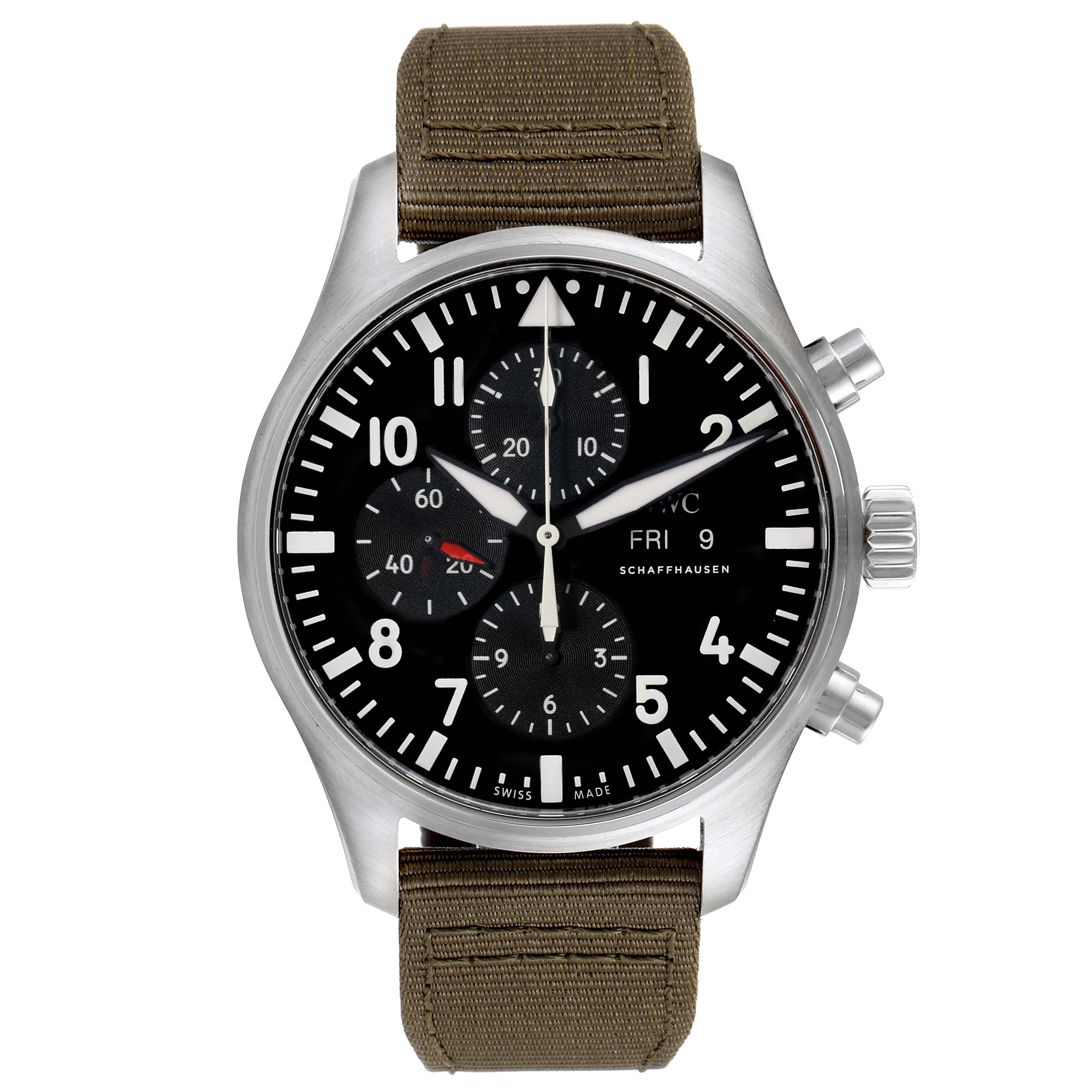 The image shows a front view of the IWC Pilot IW377709 Men's Stainless Steel Black Dial IW377709 Men's Stainless Steel Black Dial model watch, highlighting the black dial, chronograph sub-dials, and khaki strap.