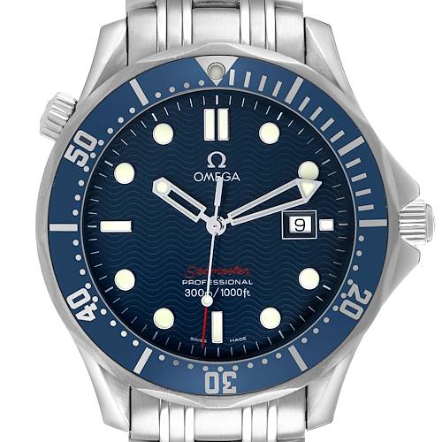 The Omega Seamaster 2221.80.00 Men's Stainless Steel Blue Dial watch is shown from the front, displaying the dial, bezel, and part of the bracelet.