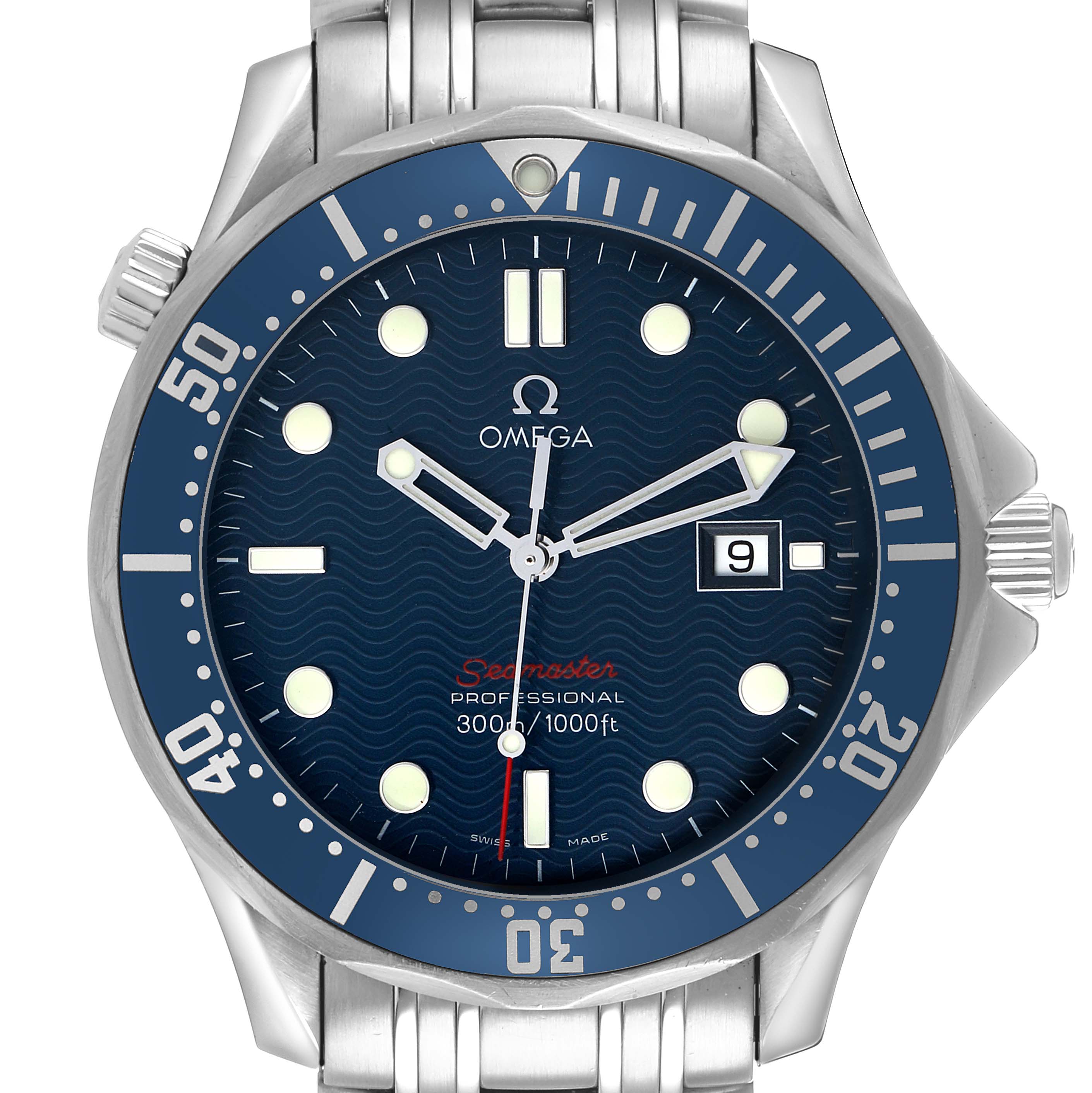 The Omega Seamaster 2221.80.00 Men's Stainless Steel Blue Dial watch is shown from a front angle, highlighting its dial, bezel, and bracelet.