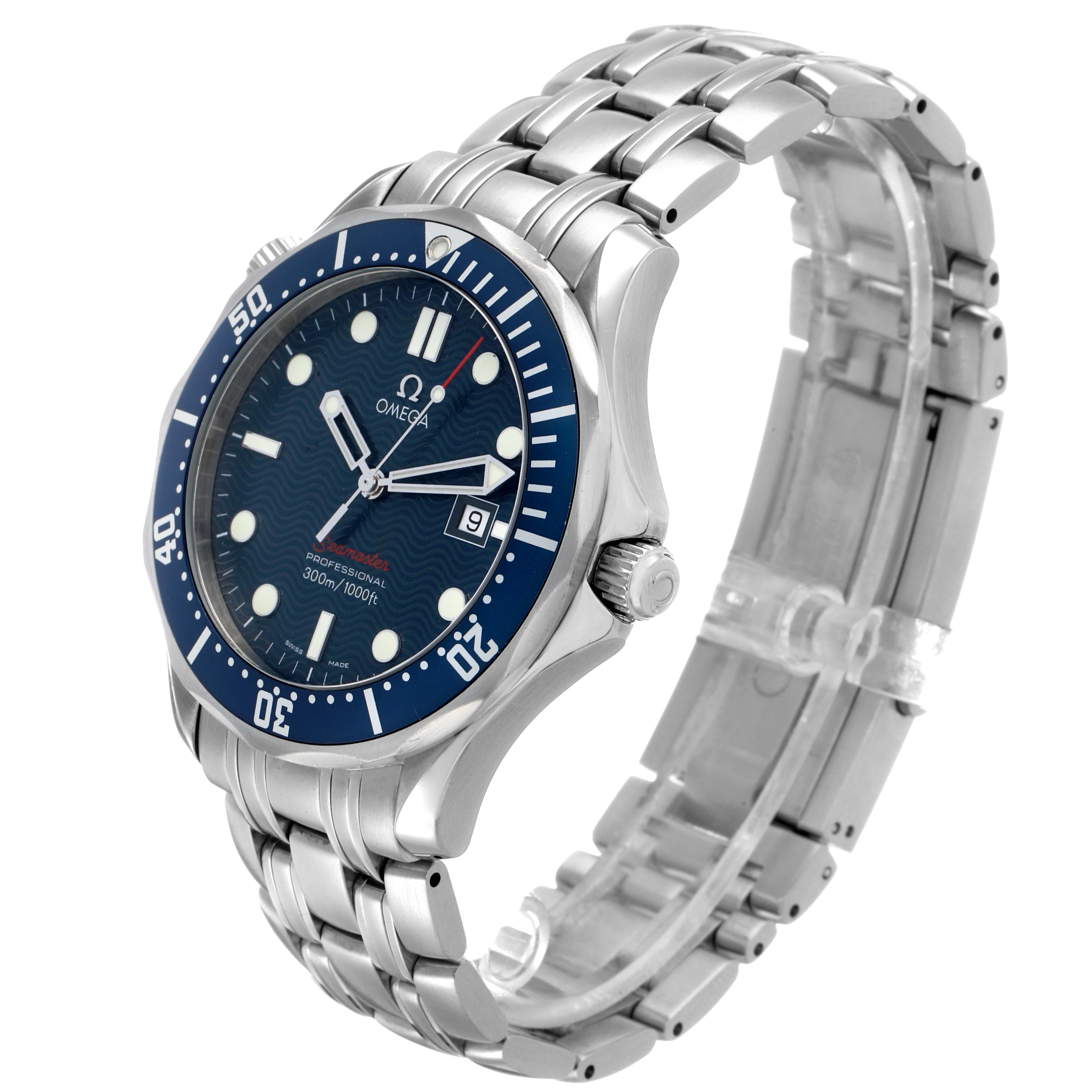 The image shows an Omega Seamaster 2221.80.00 Men's Stainless Steel Blue Dial watch at a tilted angle, highlighting the dial, bezel, and stainless steel bracelet.