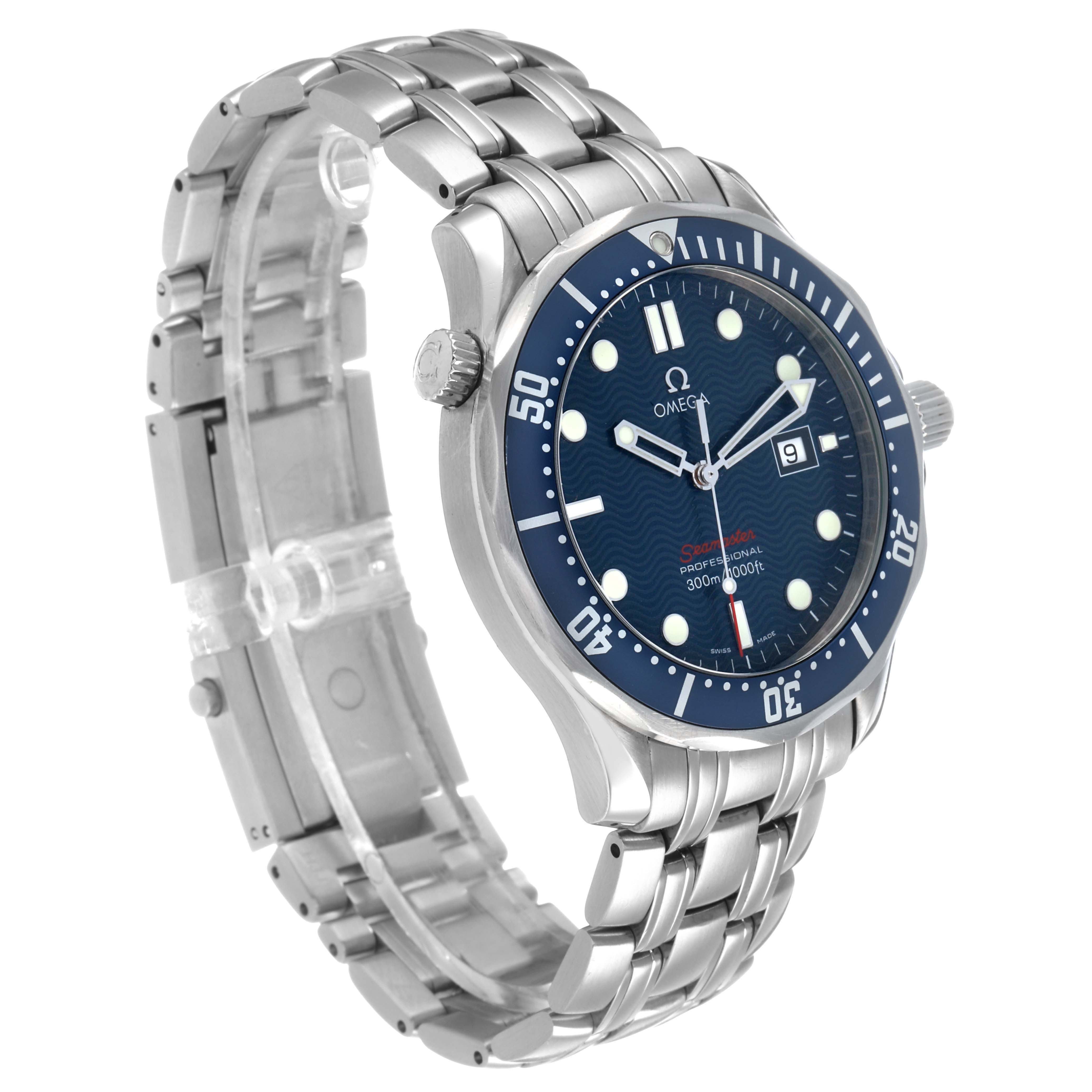 The Omega Seamaster 2221.80.00 Men's Stainless Steel Blue Dial watch is shown at a slight side angle highlighting the blue dial, stainless steel case, and bracelet.