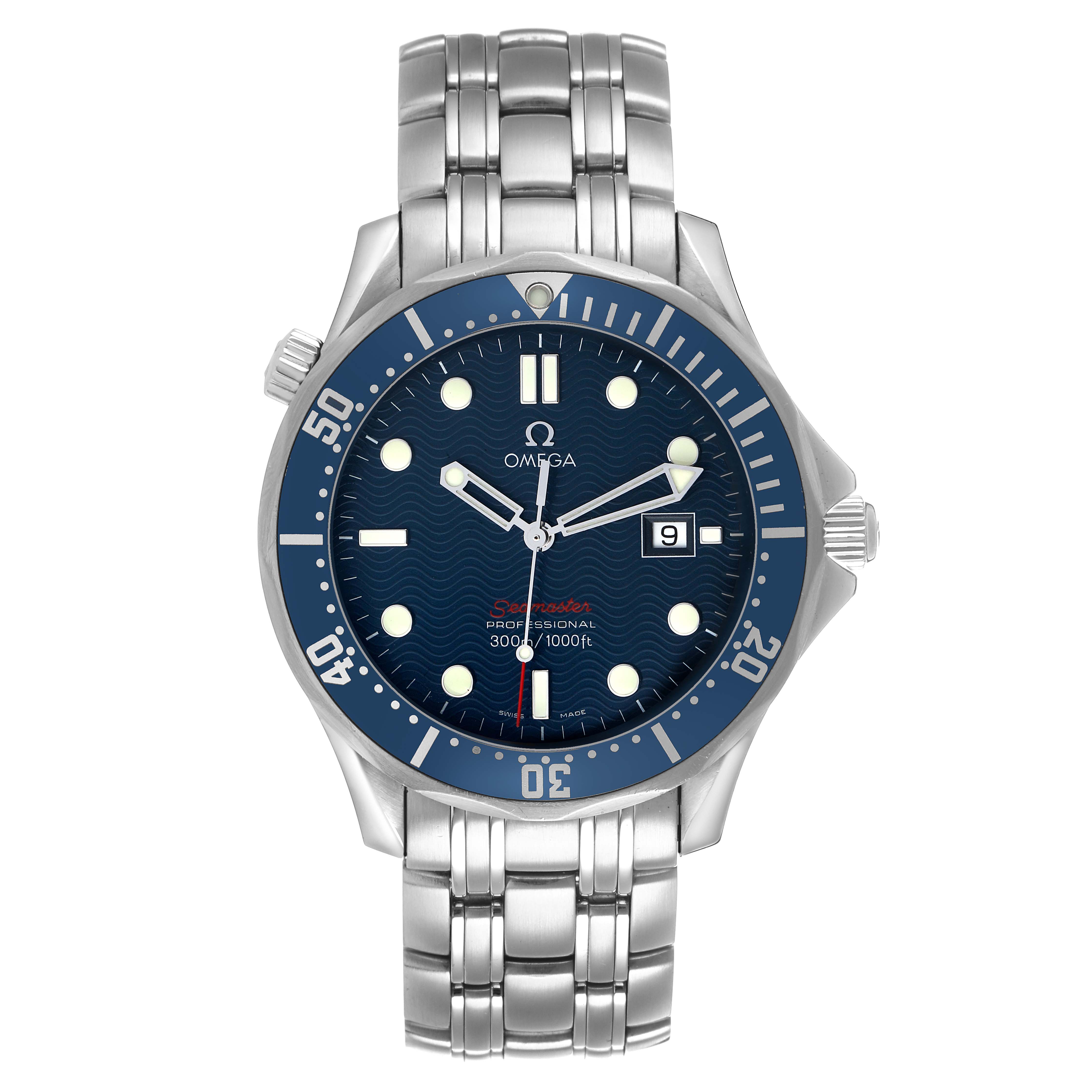 The Omega Seamaster 2221.80.00 Men's Stainless Steel Blue Dial watch is shown from a frontal angle, displaying the dial, bezel, crown, bracelet, and date window.