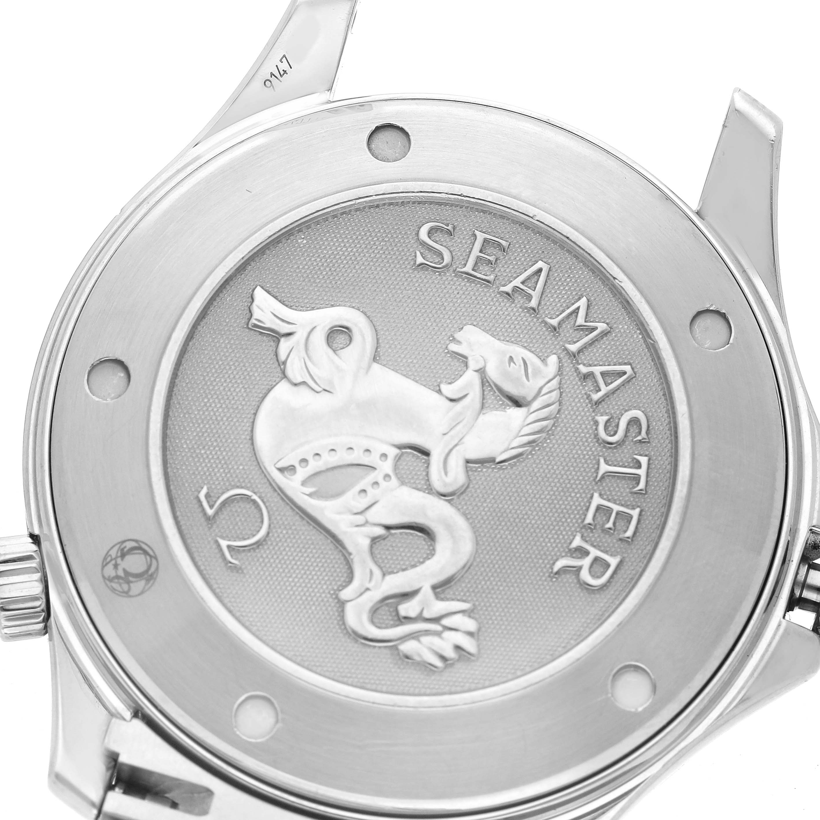 The image shows the back case of an Omega Seamaster 2221.80.00 Men's Stainless Steel Blue Dial with the logo and engravings.