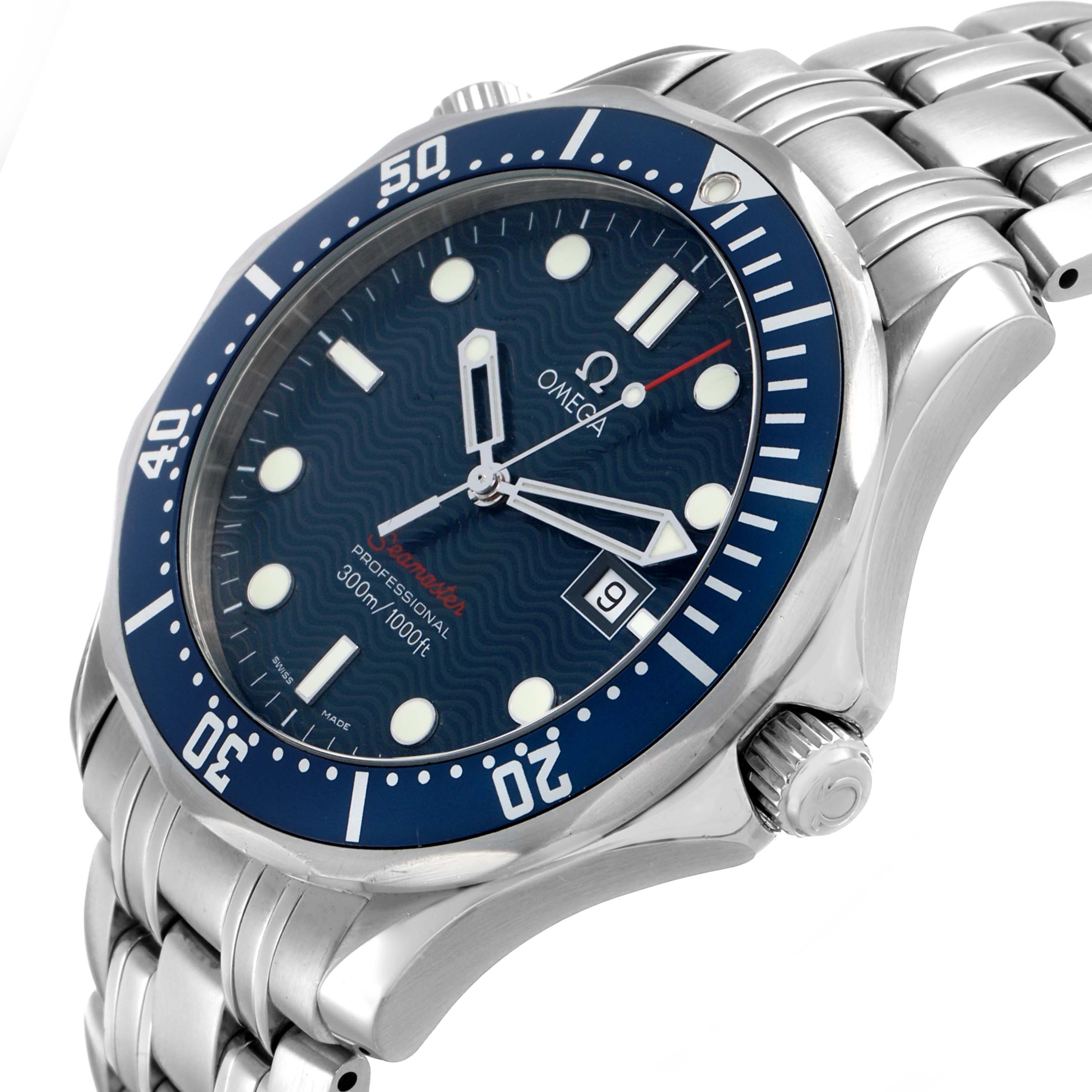 The image shows an angled side view of the Omega Seamaster 2221.80.00 Men's Stainless Steel Blue Dial, highlighting the face, bezel, bracelet, and crown.