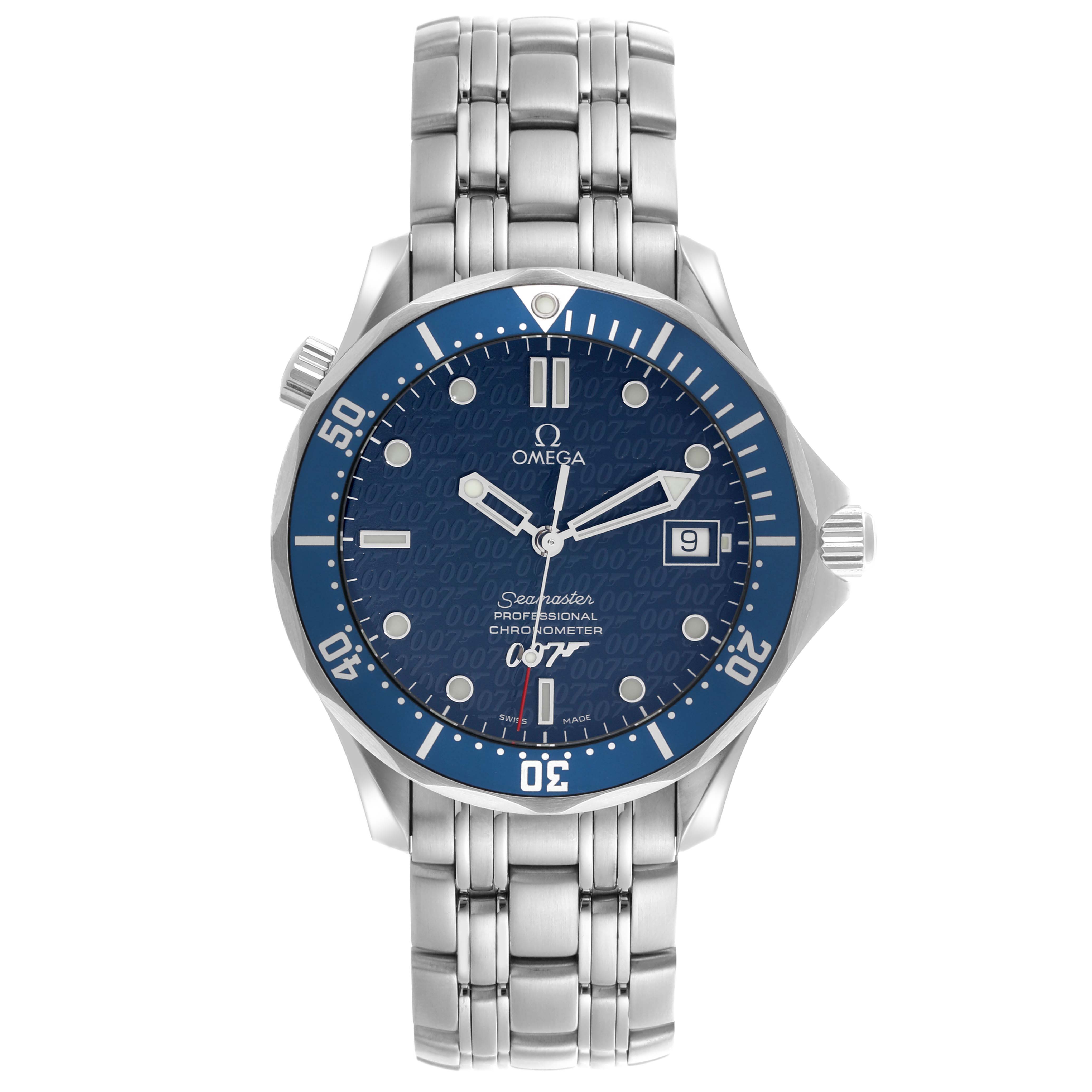 The Omega Seamaster 2537.80.00 Men's Stainless Steel Blue Dial 2537.80.00 Men's Stainless Steel Blue Dial watch is shown from the front, displaying its blue dial, date window, bezel, and metal bracelet.