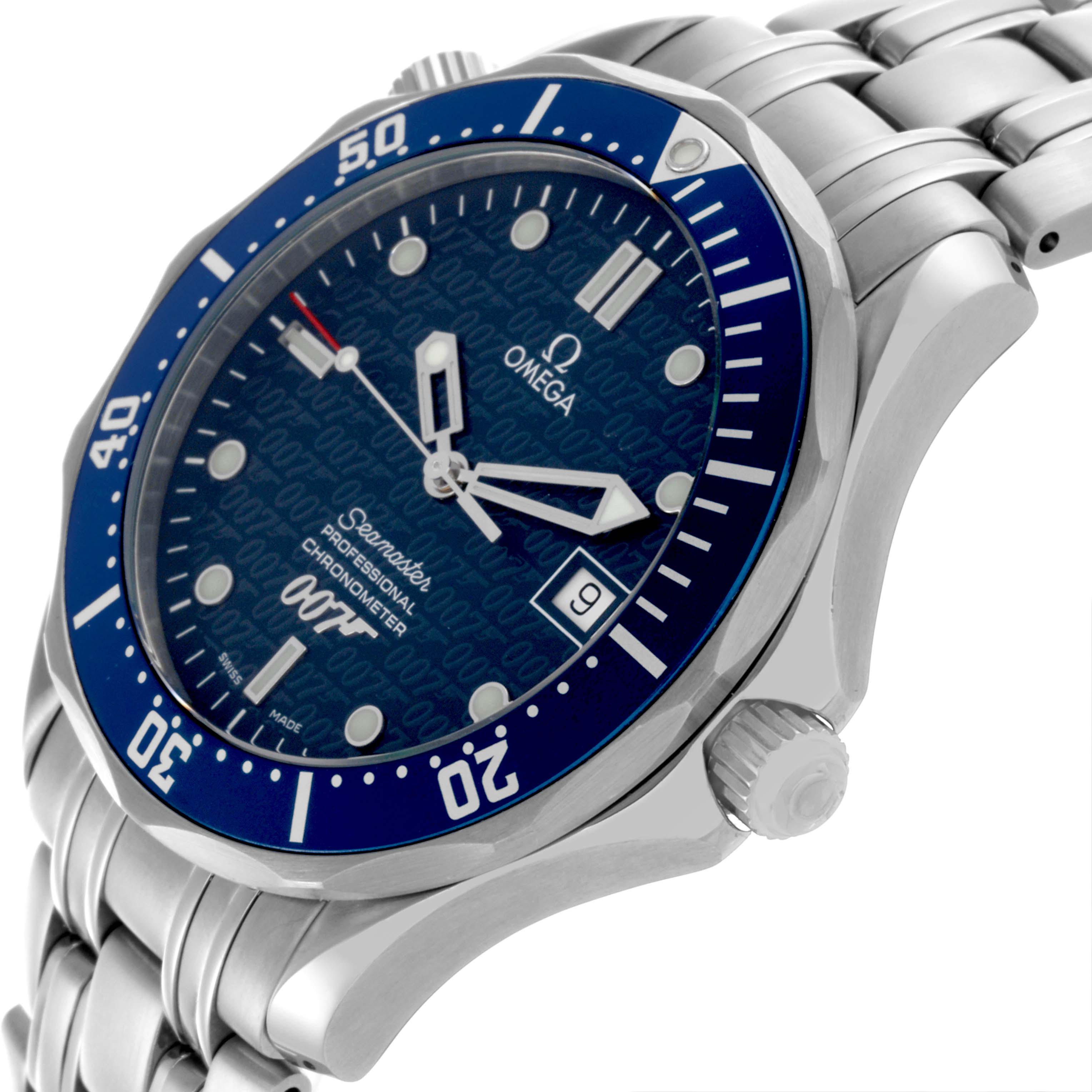 The Omega Seamaster 2537.80.00 Men's Stainless Steel Blue Dial 2537.80.00 Men's Stainless Steel Blue Dial watch is shown at an angled close-up, highlighting the dial, bezel, crown, and metal bracelet.