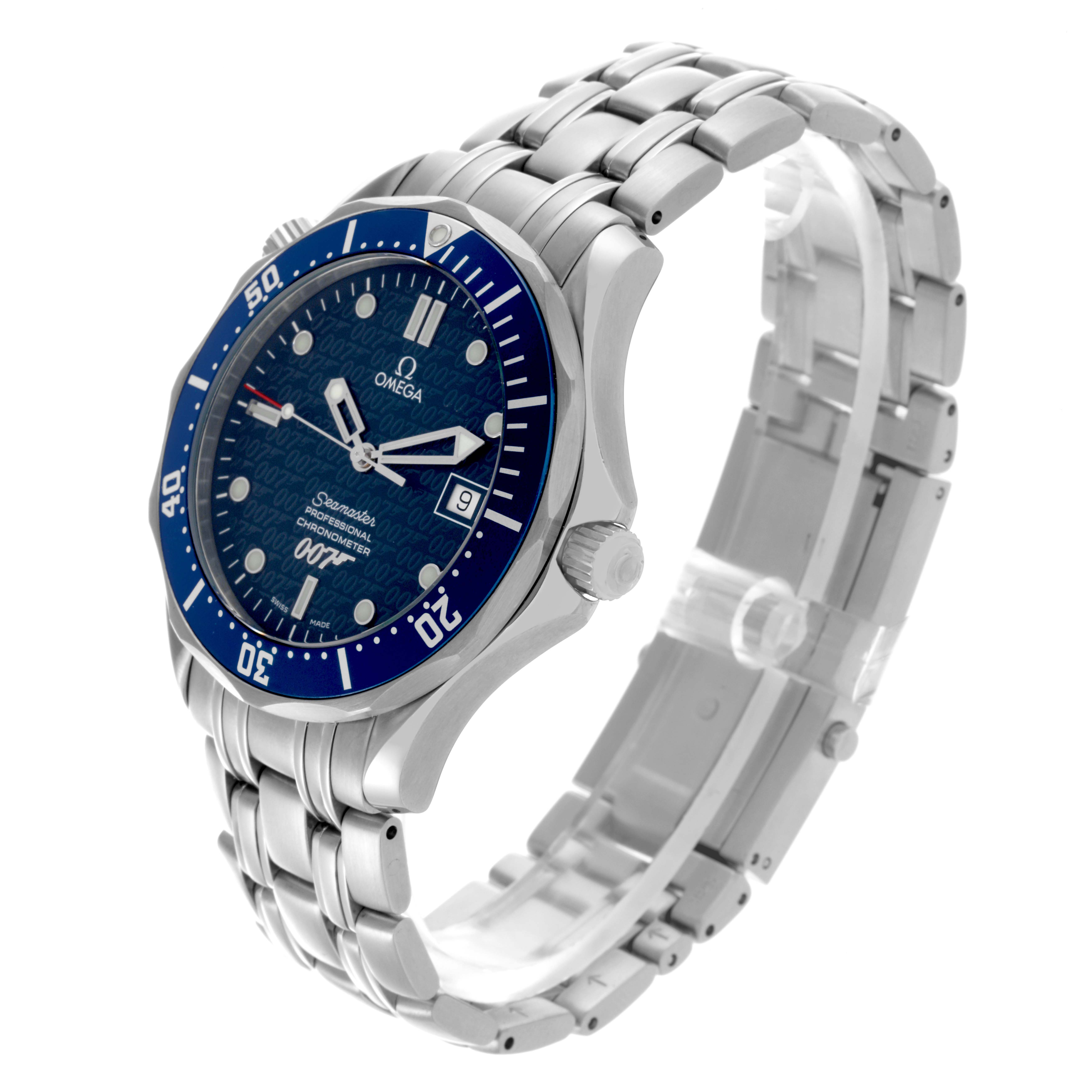 The Omega Seamaster 2537.80.00 Men's Stainless Steel Blue Dial 2537.80.00 Men's Stainless Steel Blue Dial watch is shown at an angled side view, highlighting the face, bezel, crown, and bracelet.