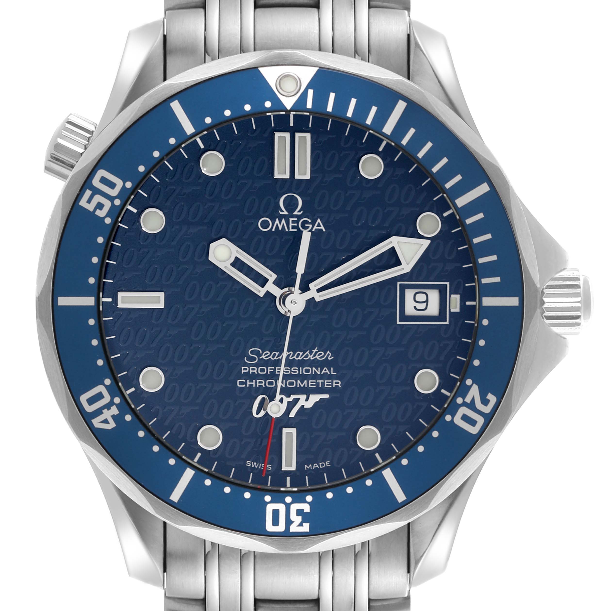 The Omega Seamaster 2537.80.00 Men's Stainless Steel Blue Dial 2537.80.00 Men's Stainless Steel Blue Dial watch is shown from the front, highlighting the face, bezel, crown, and part of the bracelet.