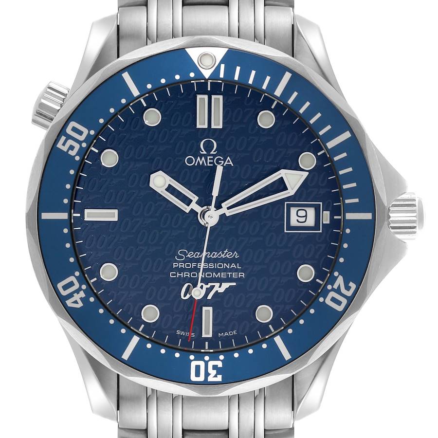 The Omega Seamaster watch is shown from the front, highlighting the face, bezel, crown, and part of the bracelet.