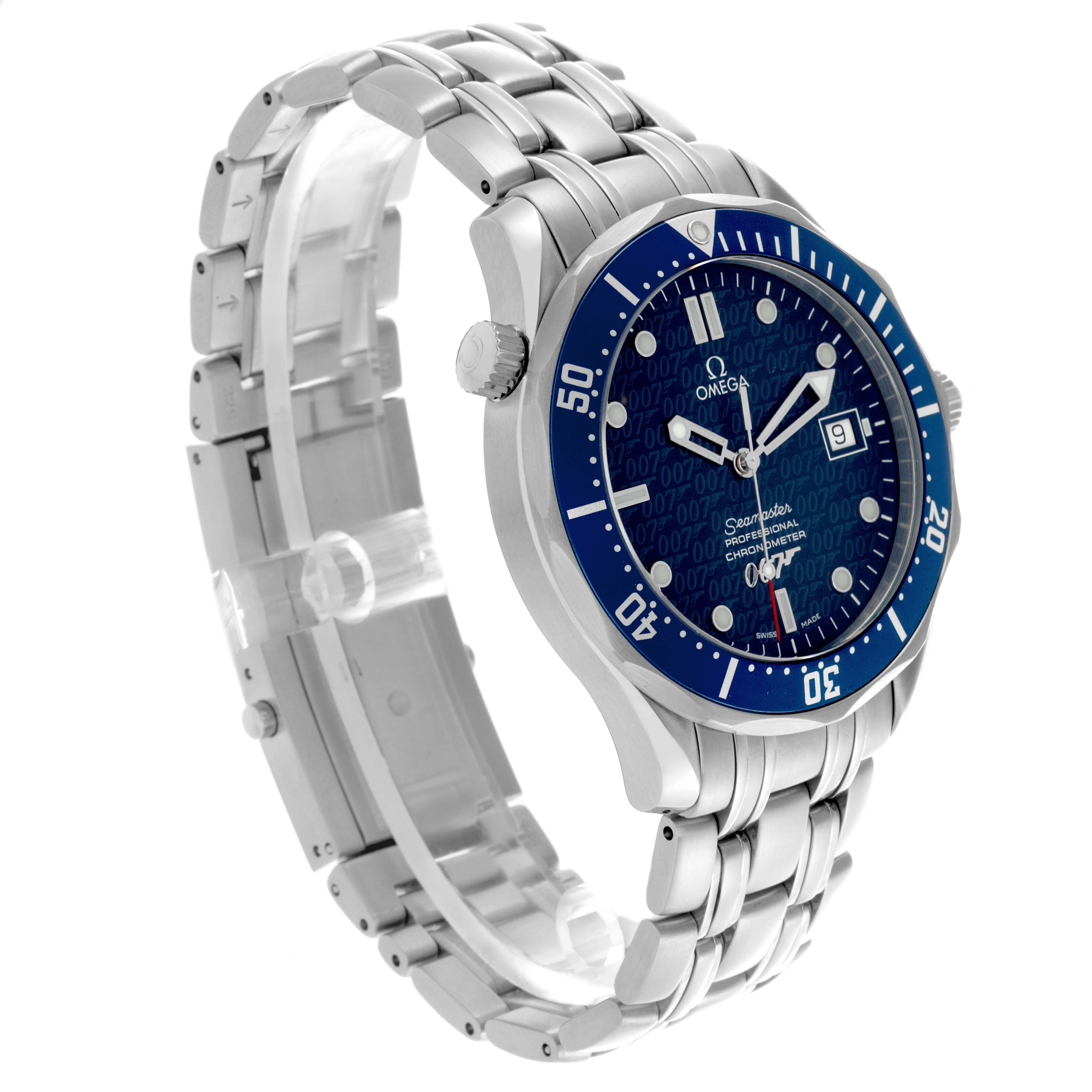 The Omega Seamaster 2537.80.00 Men's Stainless Steel Blue Dial 2537.80.00 Men's Stainless Steel Blue Dial watch is shown at a slight angle, highlighting the dial, bezel, and stainless steel bracelet.