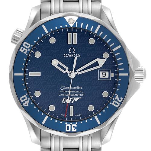 The Omega Seamaster watch is shown from the front, highlighting its dial, bezel, hands, and date window.