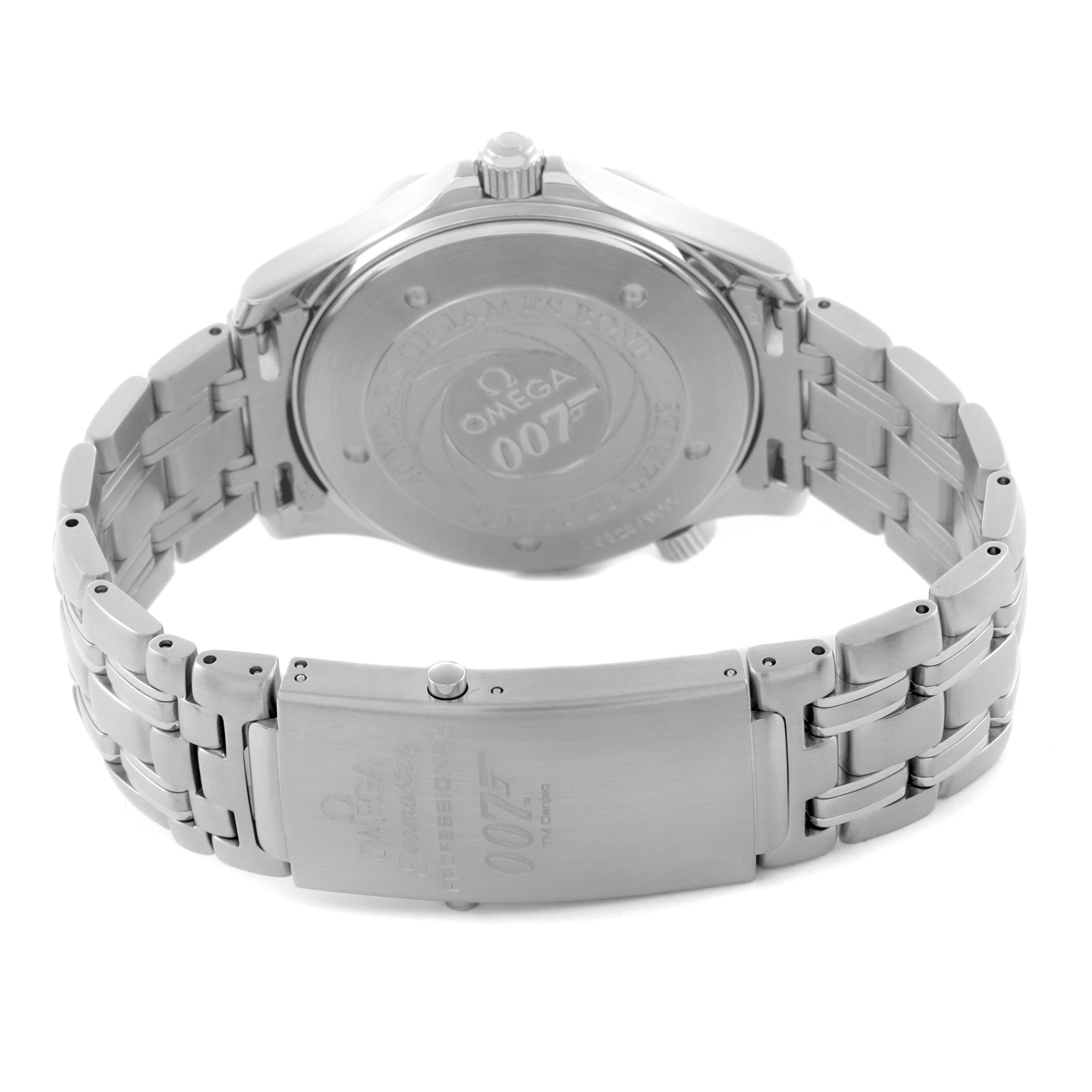 The image shows the back and clasp of an Omega Seamaster 2537.80.00 Men's Stainless Steel Blue Dial 2537.80.00 Men's Stainless Steel Blue Dial watch, highlighting its bracelet and engraved details.