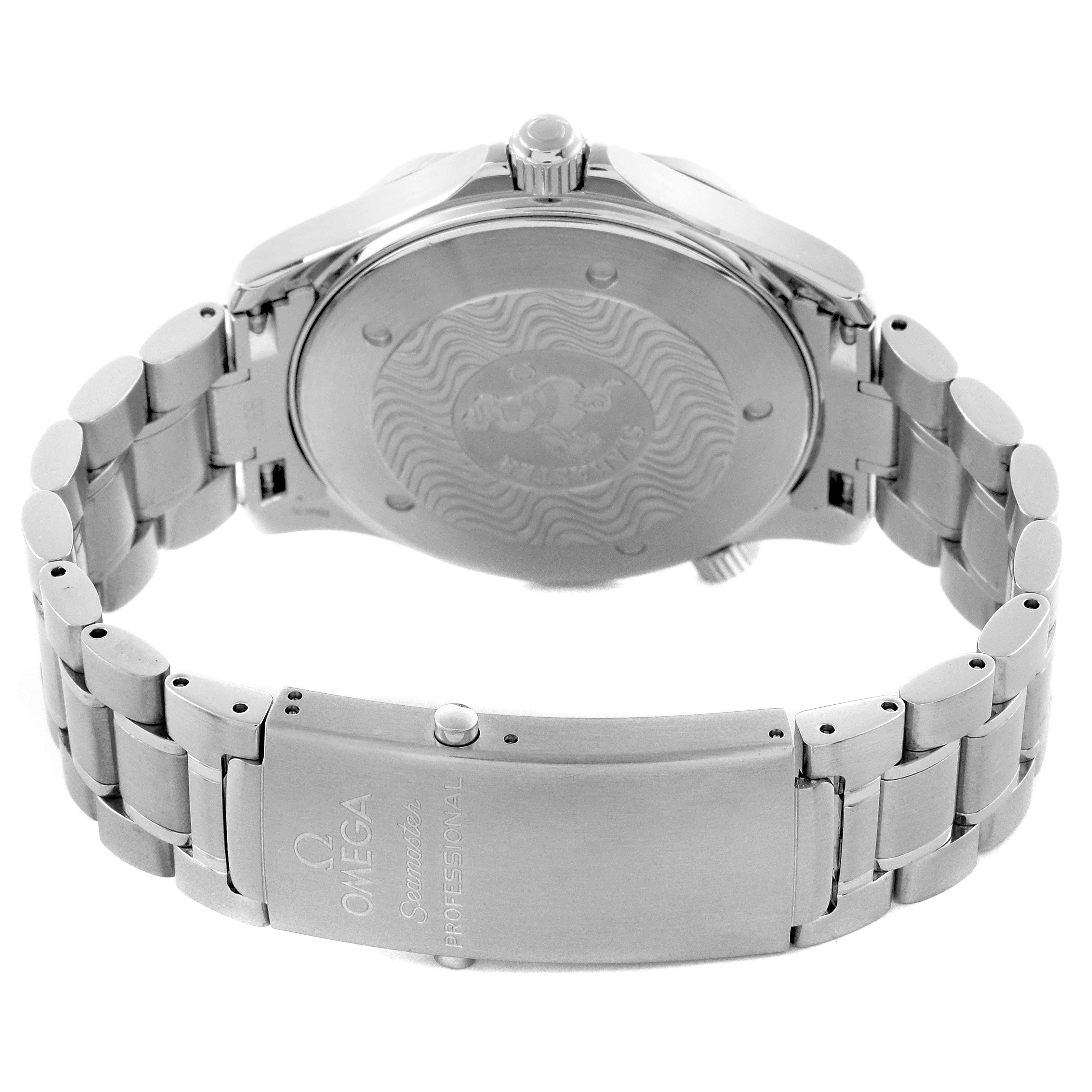 The image shows the Omega Seamaster 2264.50.00 Men
s Stainless Steel Black Dial 2264.50.00 Men
s Stainless Steel Black Dial watch from the back, highlighting the case back and stainless steel bracelet clasp.