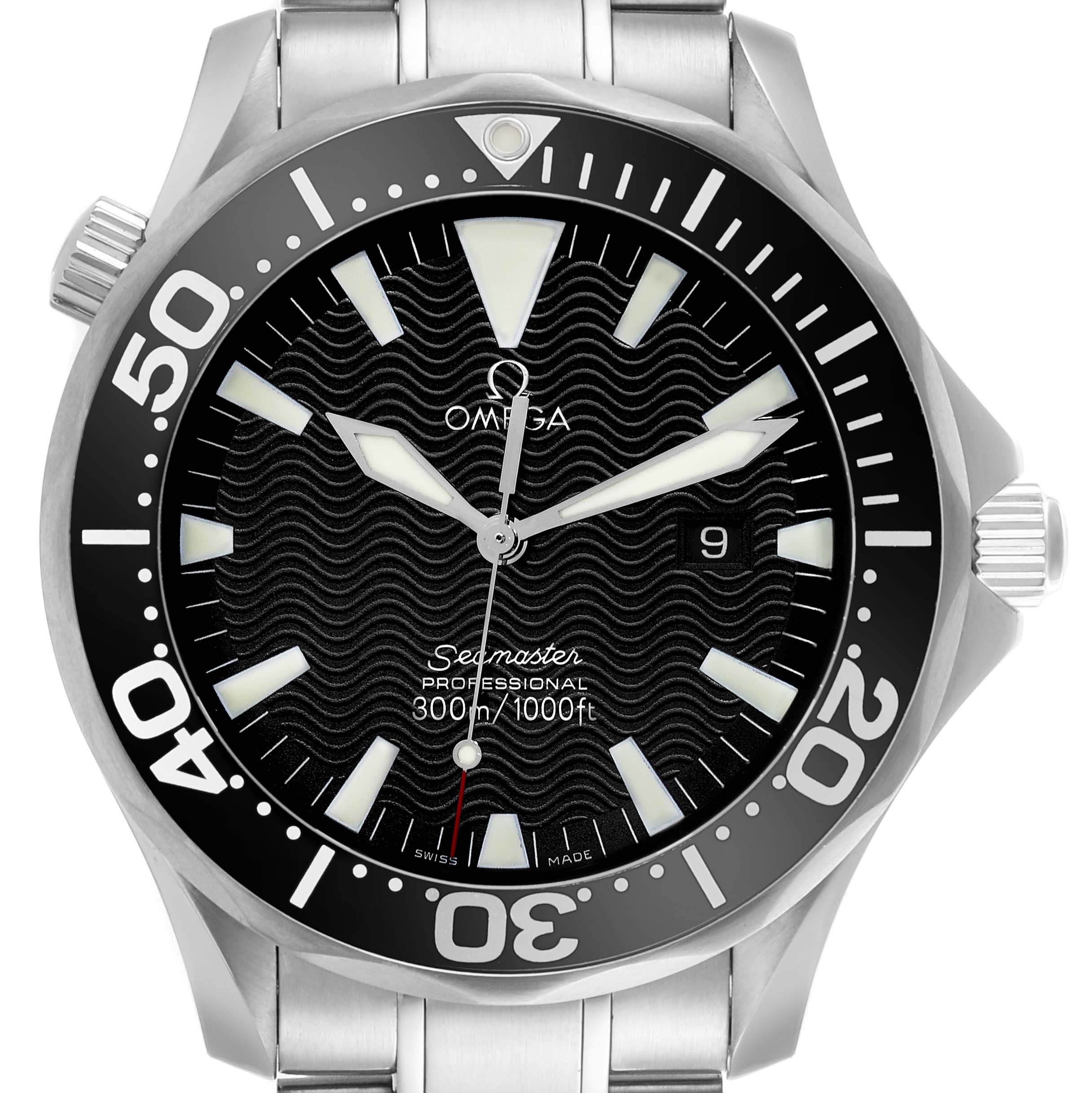 The Omega Seamaster 2264.50.00 Men
s Stainless Steel Black Dial 2264.50.00 Men
s Stainless Steel Black Dial watch is shown from a frontal angle, displaying the dial, bezel, crown, and part of the bracelet.
