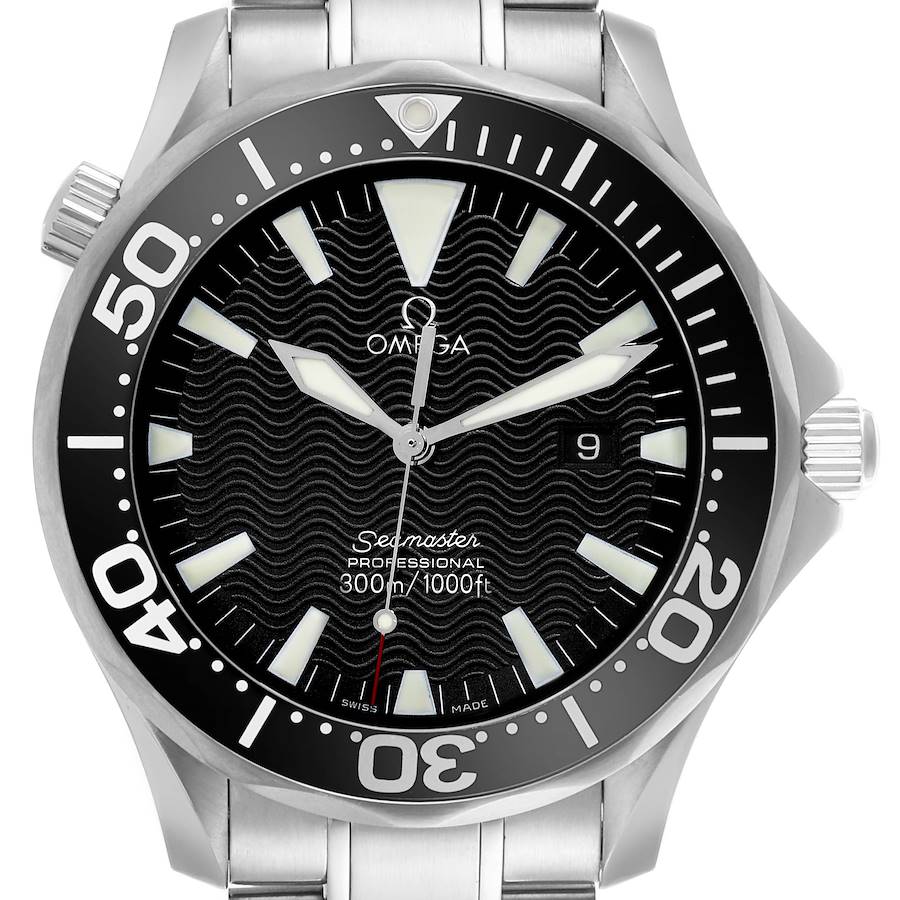 The Omega Seamaster watch is shown from a frontal angle, displaying the dial, bezel, crown, and part of the bracelet.