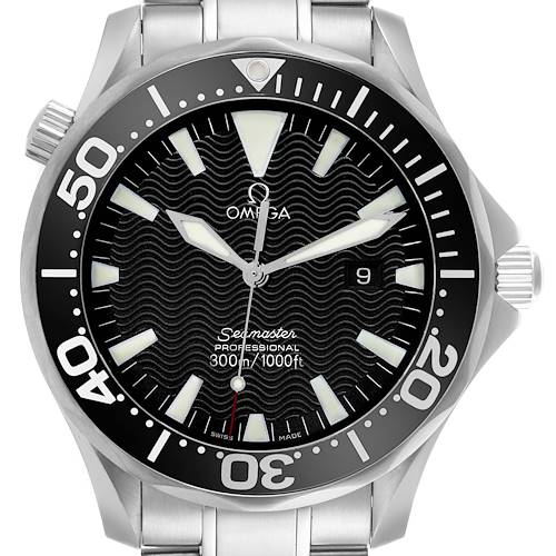 The Omega Seamaster watch is shown from the front, displaying the dial, bezel, and part of the stainless steel bracelet.