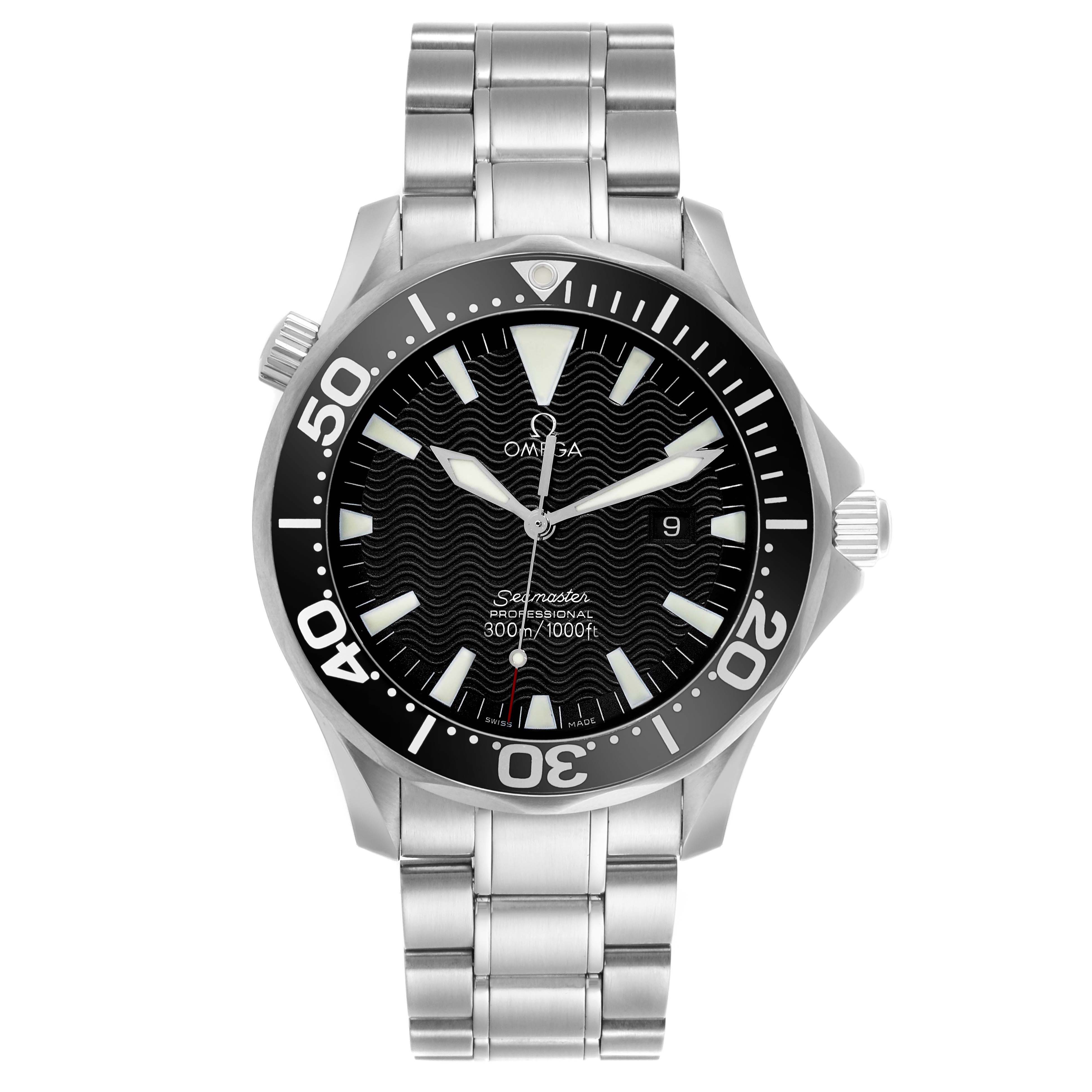 The Omega Seamaster 2264.50.00 Men
s Stainless Steel Black Dial 2264.50.00 Men
s Stainless Steel Black Dial watch is shown from a frontal angle, displaying its face and metal bracelet.