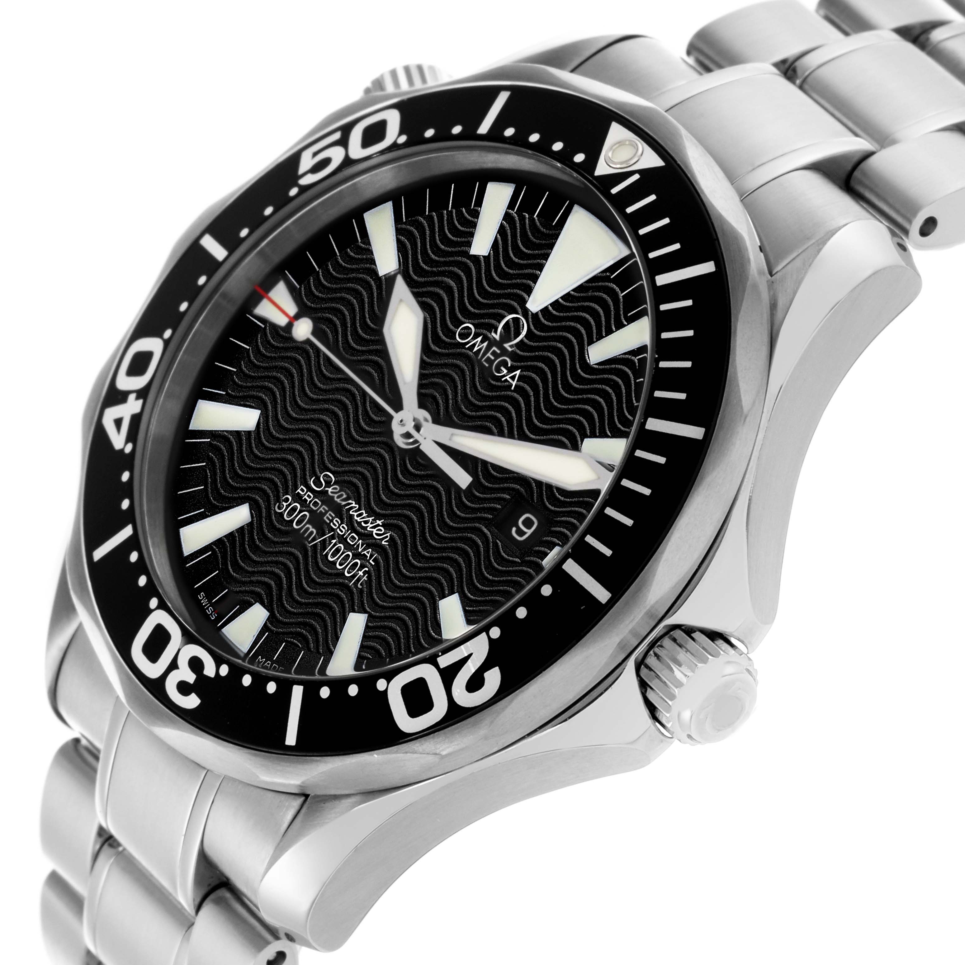 The Omega Seamaster 2264.50.00 Men
s Stainless Steel Black Dial 2264.50.00 Men
s Stainless Steel Black Dial watch is shown at a slight side angle, highlighting the bezel, dial, and bracelet.
