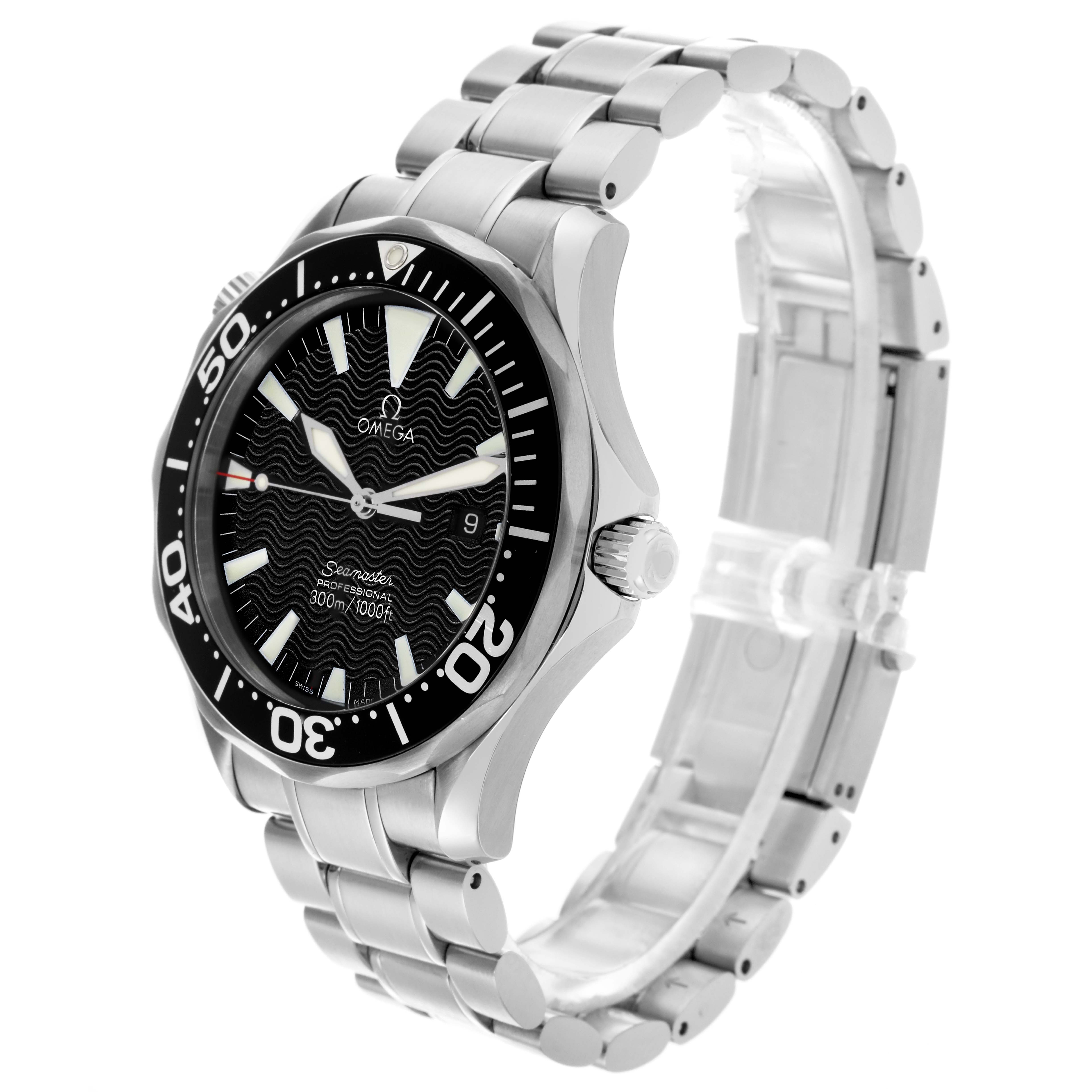 The Omega Seamaster 2264.50.00 Men
s Stainless Steel Black Dial 2264.50.00 Men
s Stainless Steel Black Dial watch is shown at a three-quarter angle highlighting the face, bezel, and bracelet.