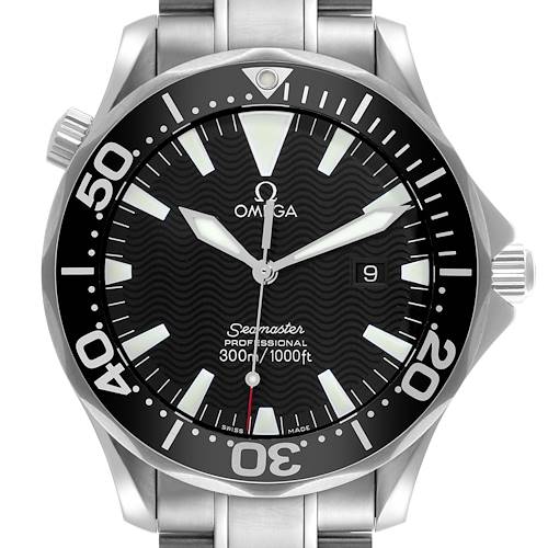 The Omega Seamaster watch is shown from the front, displaying the dial, bezel, hands, and part of the metal bracelet.