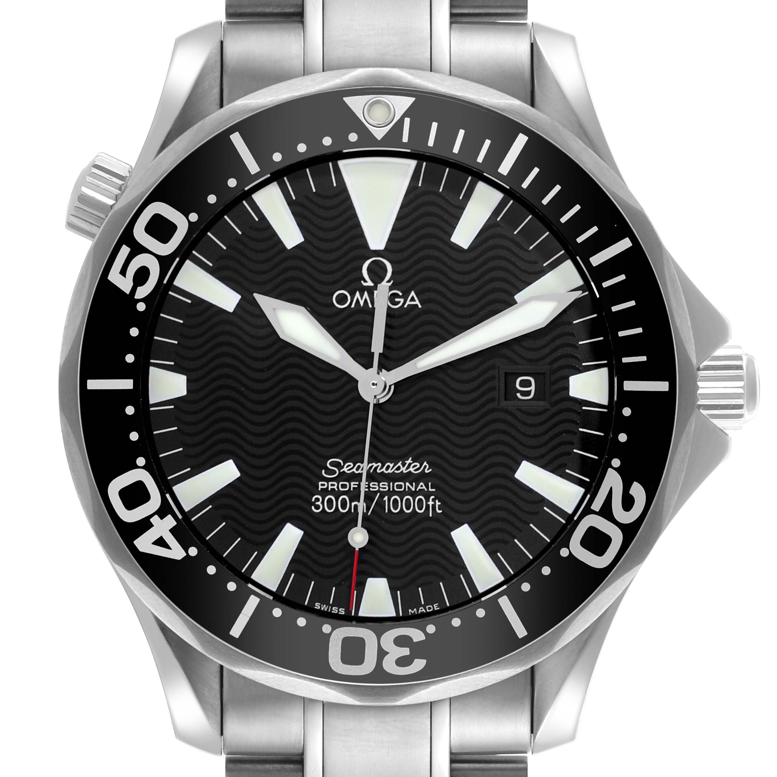 The Omega Seamaster 2264.50.00 Men
s Stainless Steel Black Dial 2264.50.00 Men
s Stainless Steel Black Dial watch is shown from a front view, highlighting the dial, bezel, and stainless steel bracelet.
