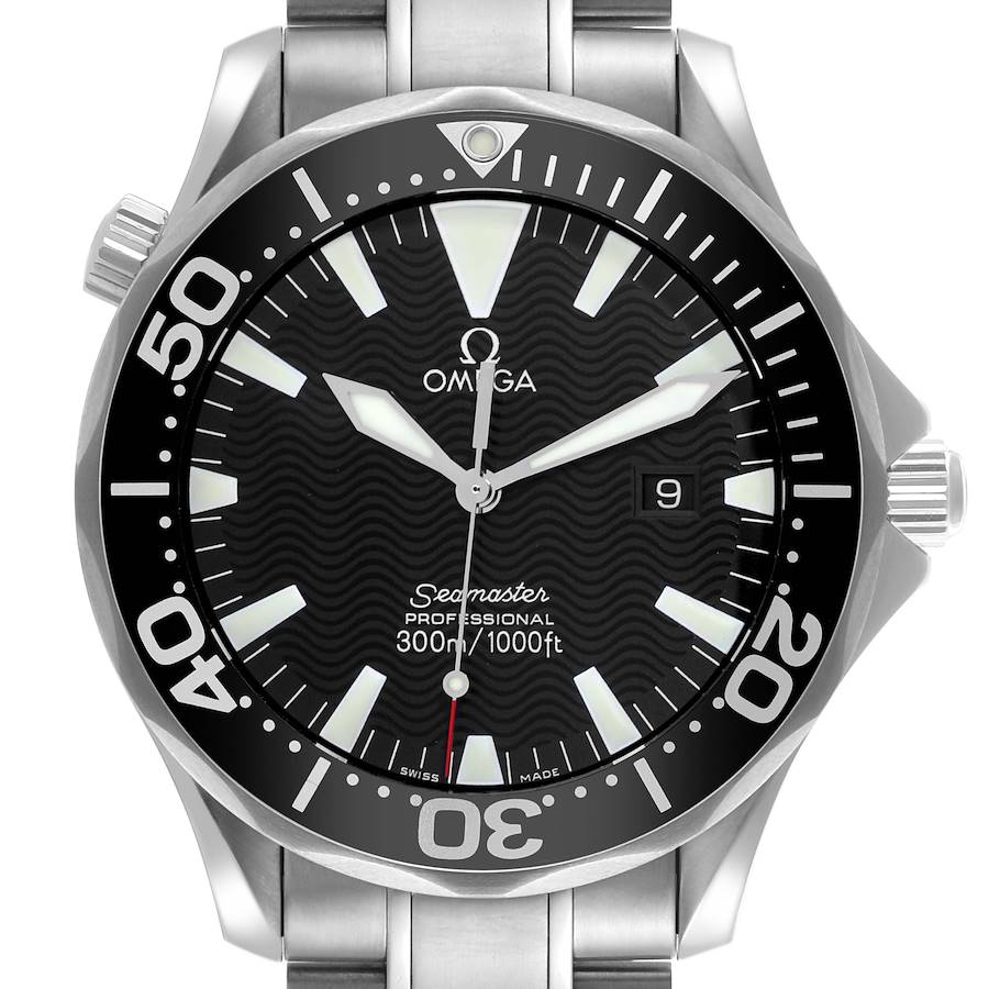 The Omega Seamaster watch is shown from a front view, highlighting the dial, bezel, and stainless steel bracelet.