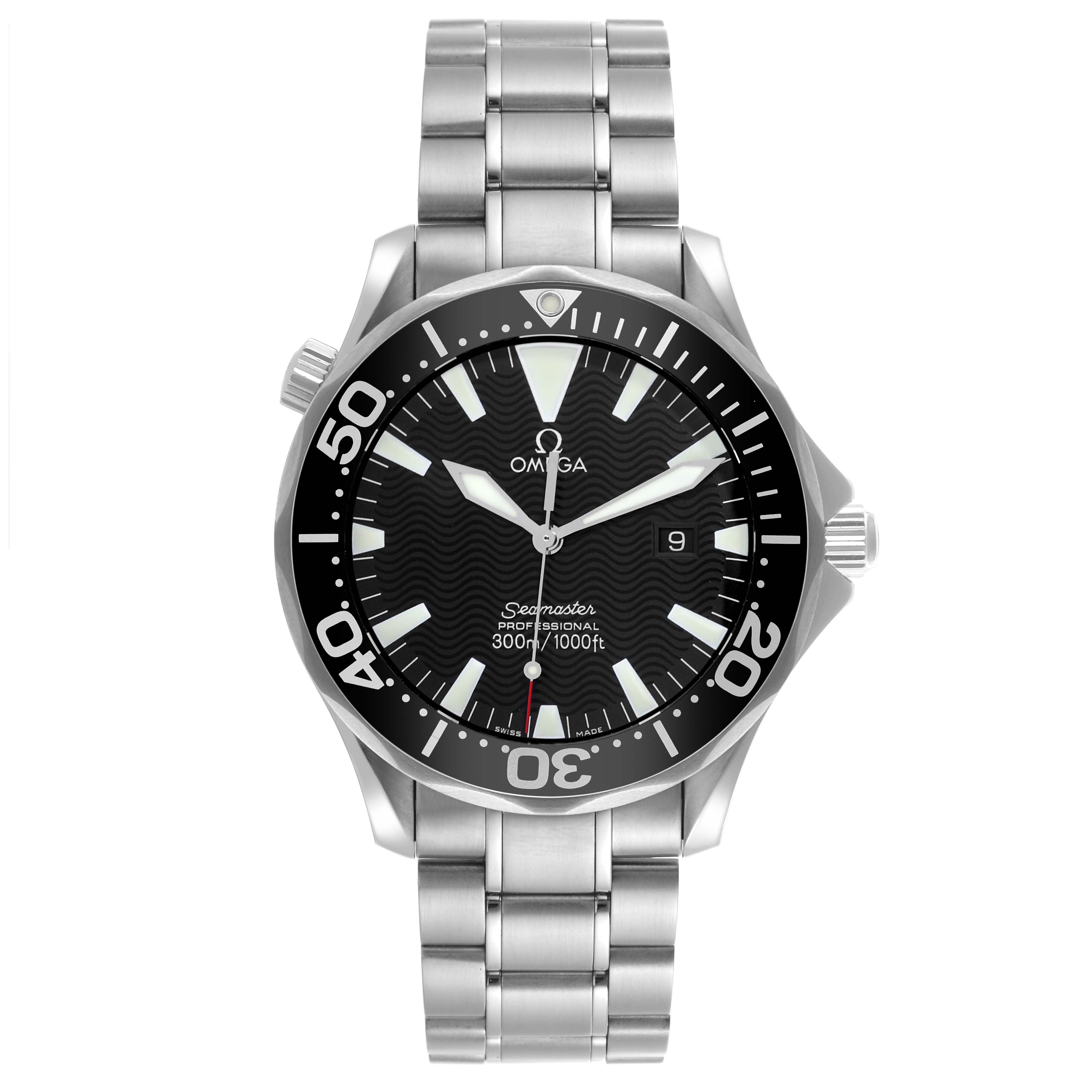 The Omega Seamaster 2264.50.00 Men
s Stainless Steel Black Dial 2264.50.00 Men
s Stainless Steel Black Dial watch is shown from the front, displaying the face, bezel, and metal bracelet.