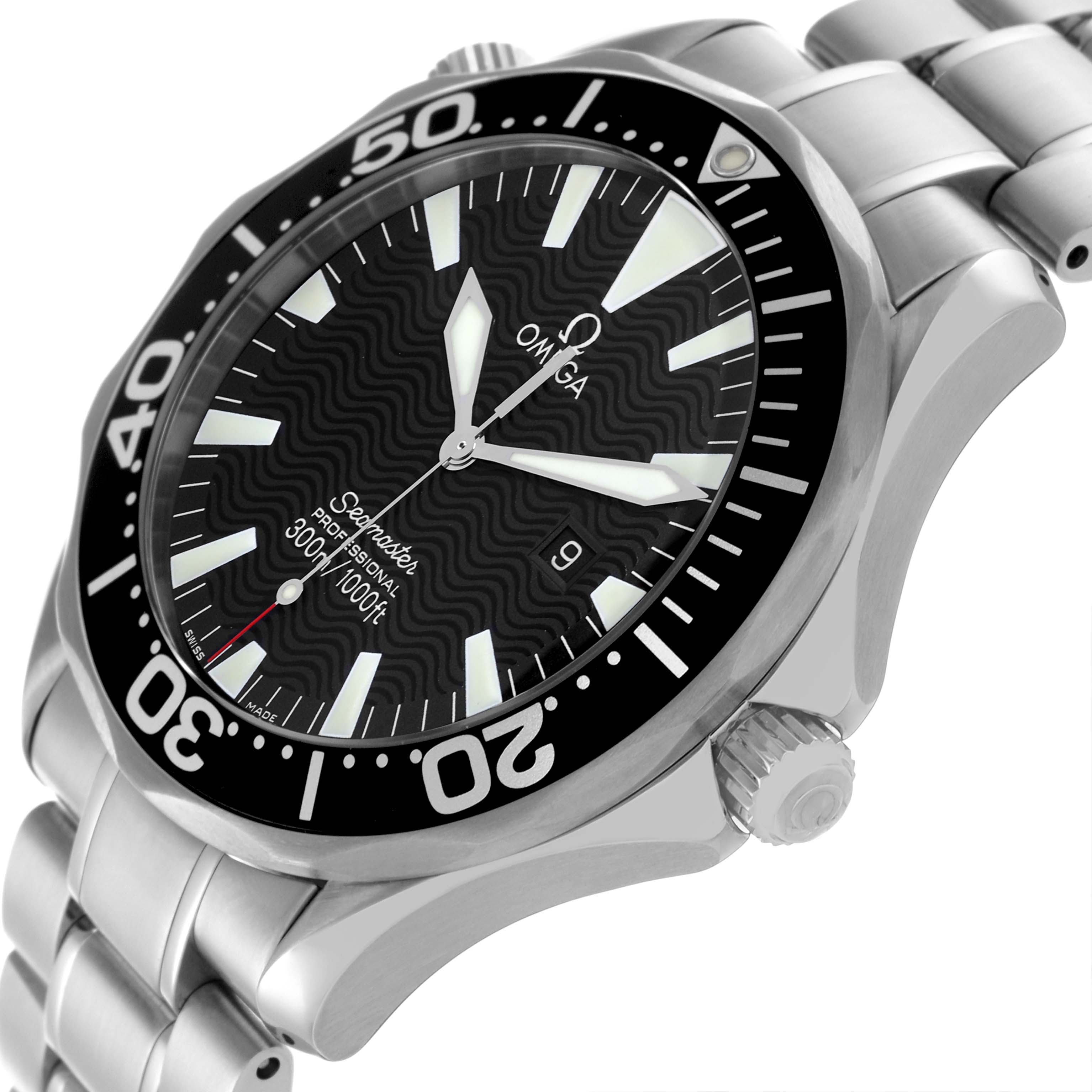 The Omega Seamaster 2264.50.00 Men
s Stainless Steel Black Dial 2264.50.00 Men
s Stainless Steel Black Dial watch is shown at an angled view highlighting the dial, bezel, and stainless steel bracelet.