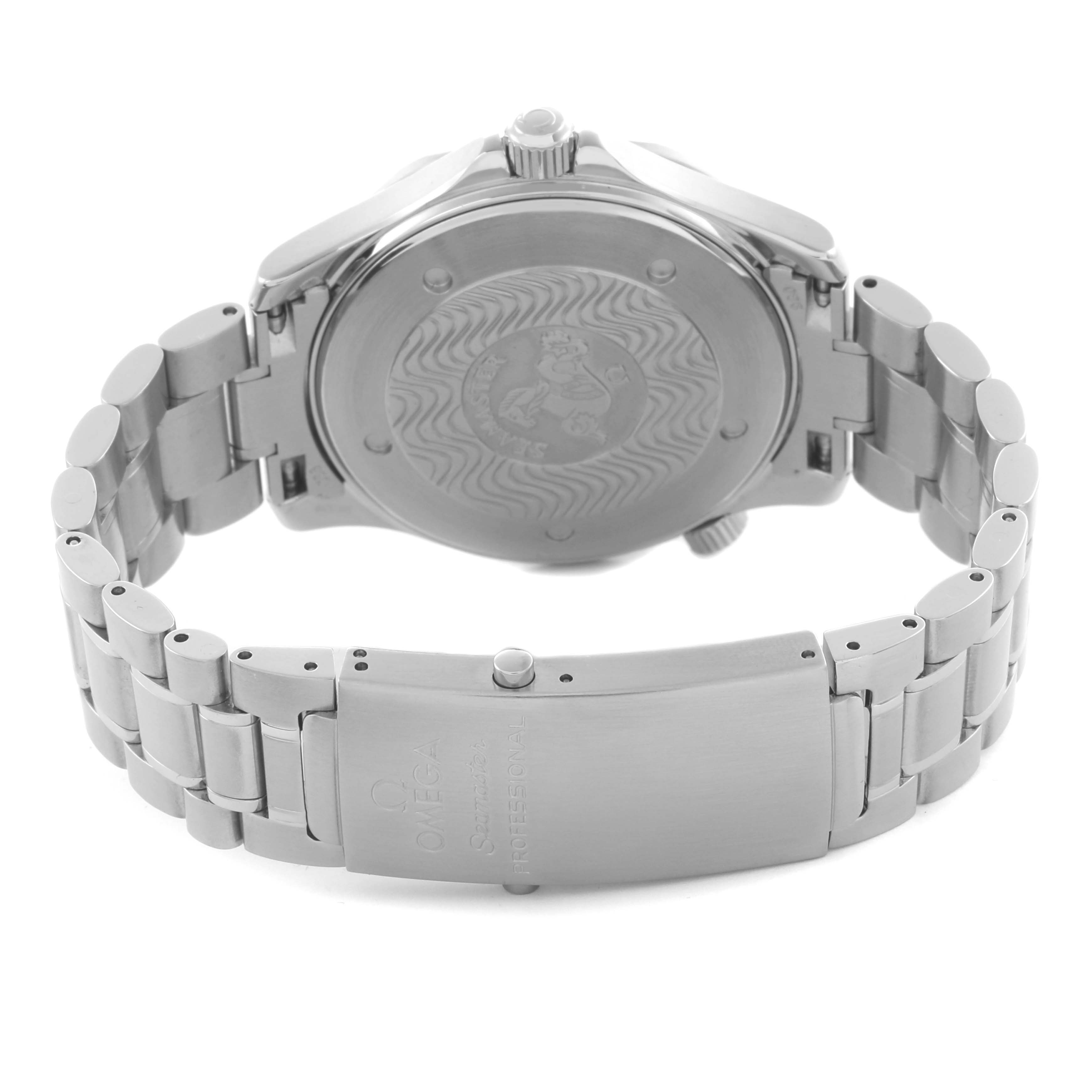 The Omega Seamaster 2264.50.00 Men
s Stainless Steel Black Dial 2264.50.00 Men
s Stainless Steel Black Dial watch is shown from the back, highlighting the case back, bracelet, and clasp.