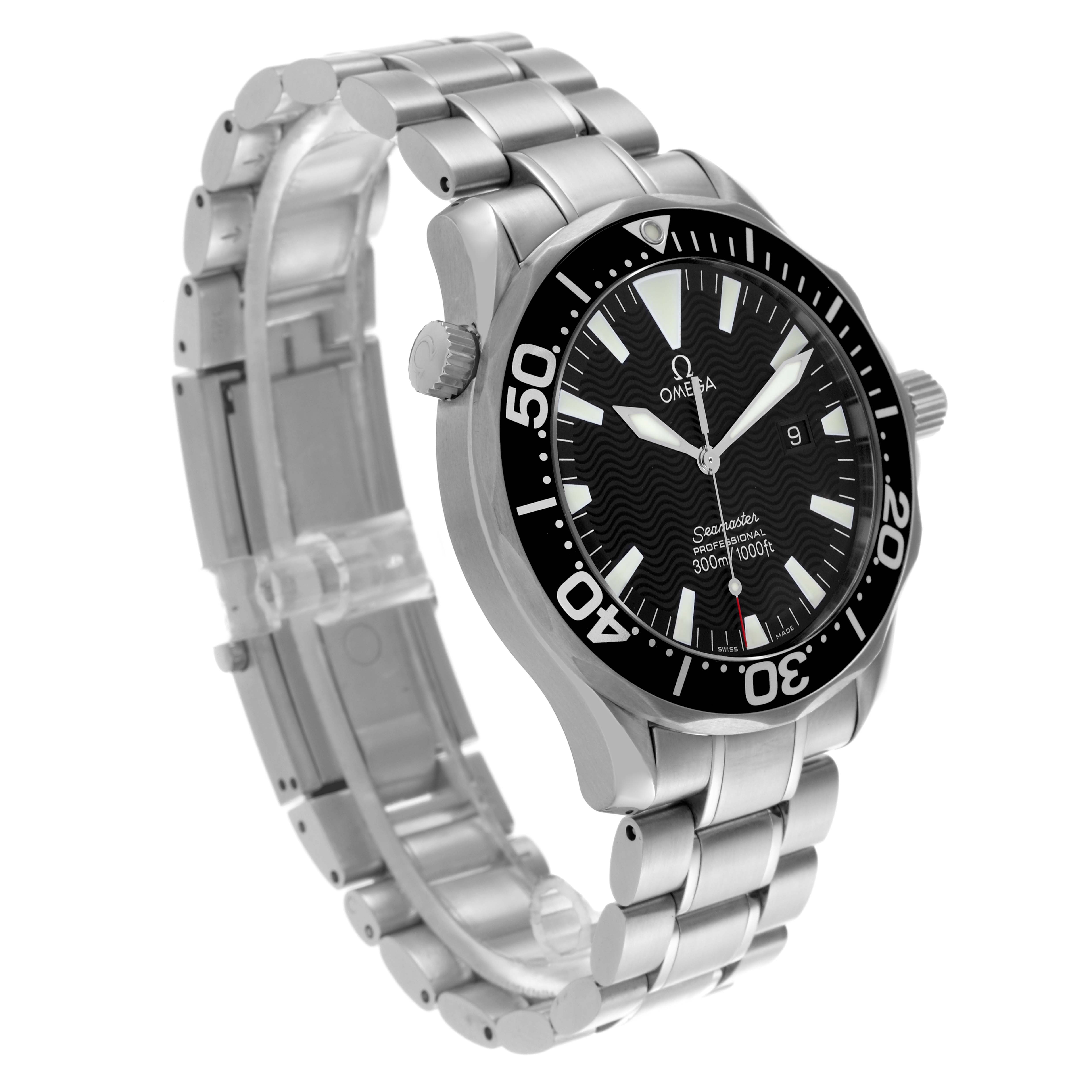 The Omega Seamaster 2264.50.00 Men
s Stainless Steel Black Dial 2264.50.00 Men
s Stainless Steel Black Dial watch is shown at an angled side view, displaying its face, bezel, crown, and stainless steel bracelet.