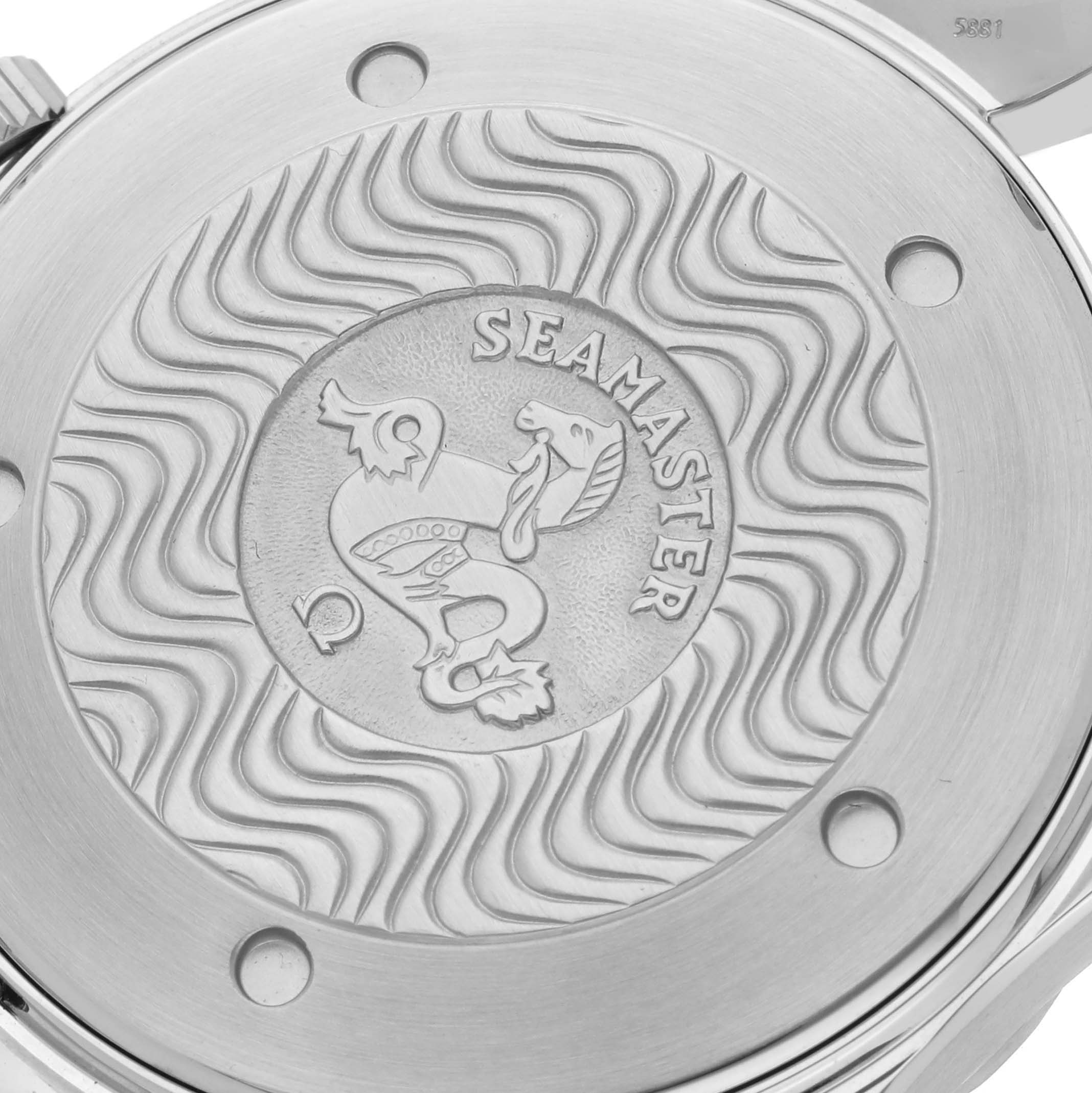 The image shows the Omega Seamaster 2264.50.00 Men
s Stainless Steel Black Dial 2264.50.00 Men
s Stainless Steel Black Dial watch case back with a wave pattern and the Seamaster emblem engraved.