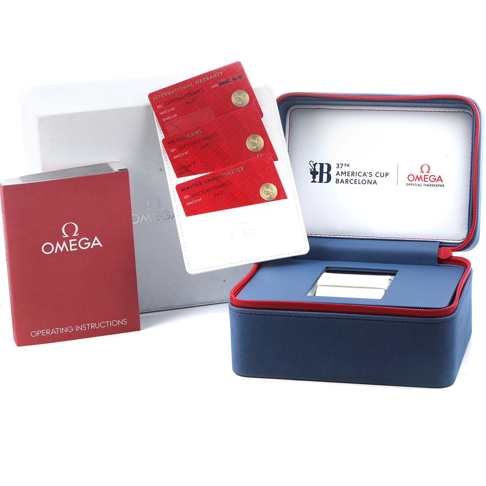 The image shows an Omega Seamaster 210.32.42.20.04.002 Men's Stainless Steel White Dial presentation box, warranty cards, and an instruction manual.