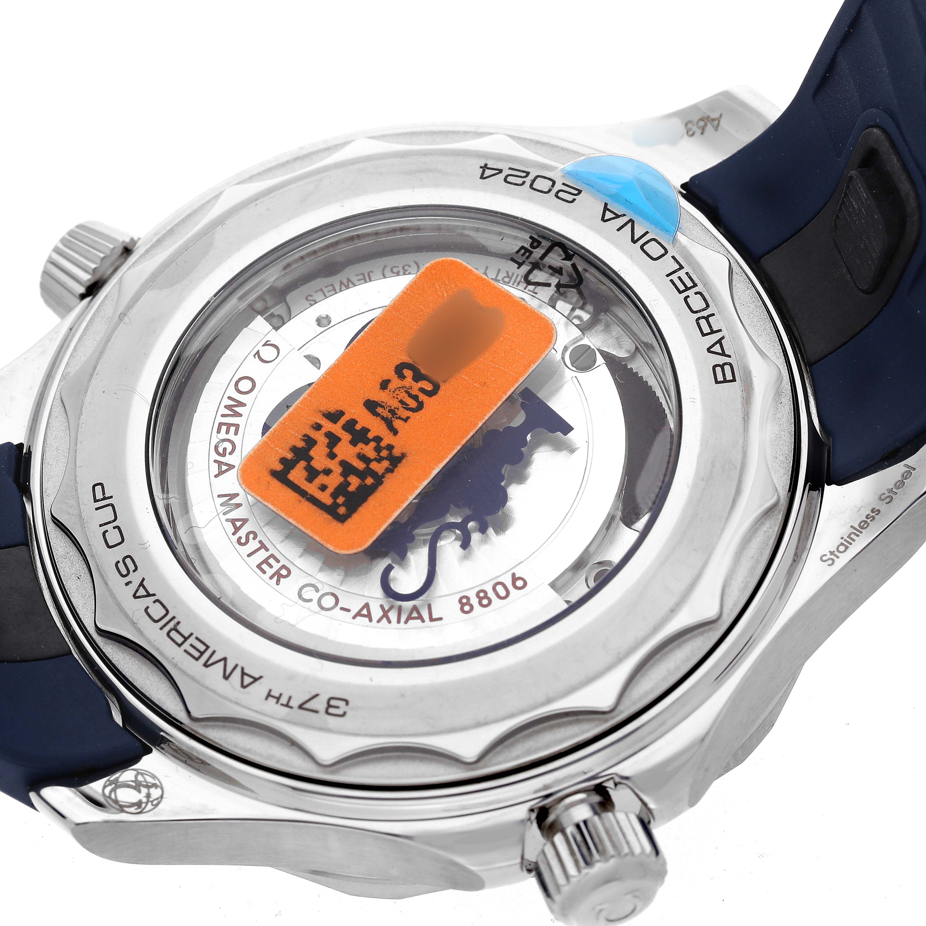 The image shows the back of an Omega Seamaster 210.32.42.20.04.002 Men's Stainless Steel White Dial watch, highlighting the transparent case back and the internal movement.